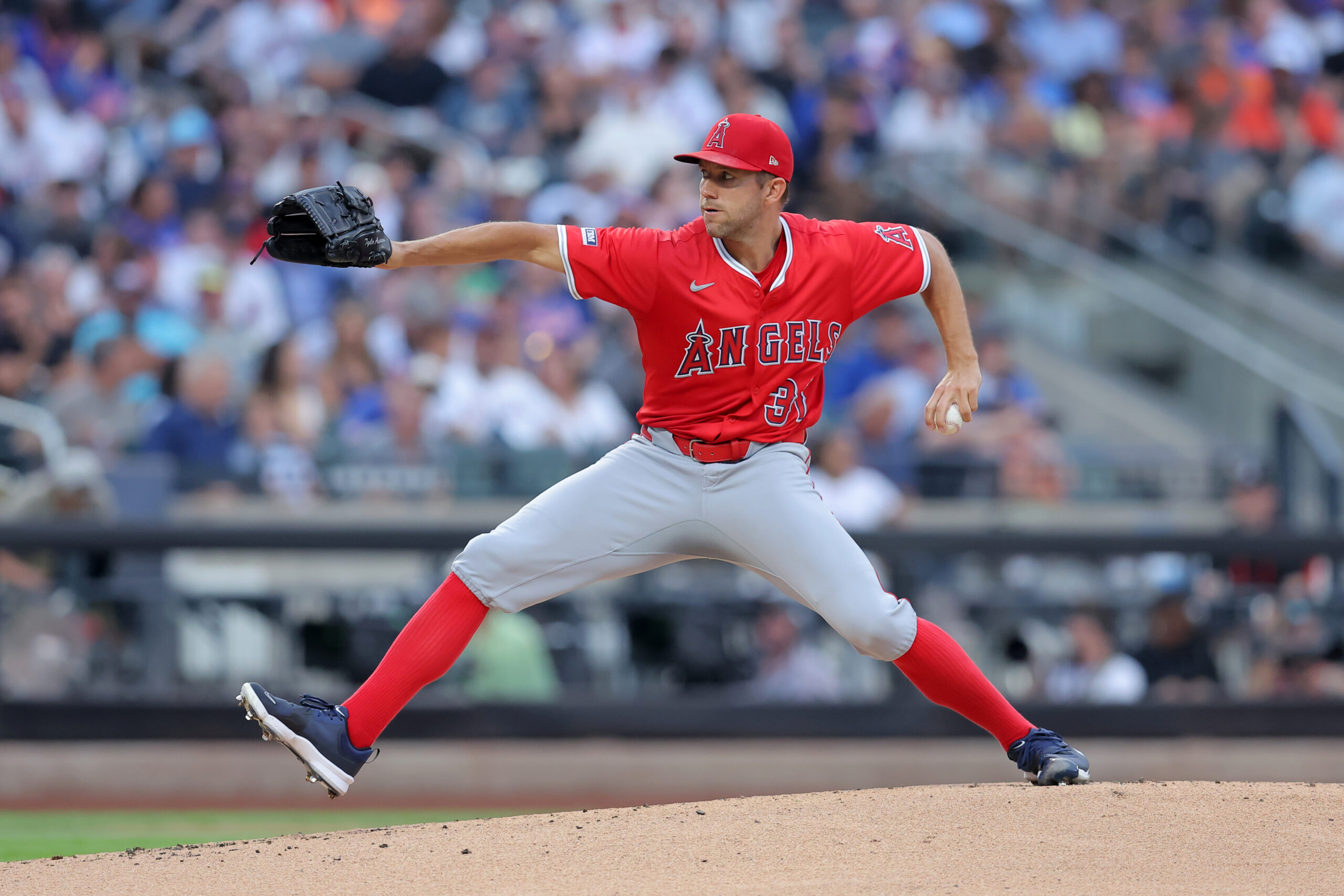 Jul 21, 2025; New York City, New York, USA; Los Angeles Angels starting pitcher Tyler Anderson (31) pitches against the New York Mets during the first inning at Citi Field. Mandatory Credit: Brad Penner-Imagn Images