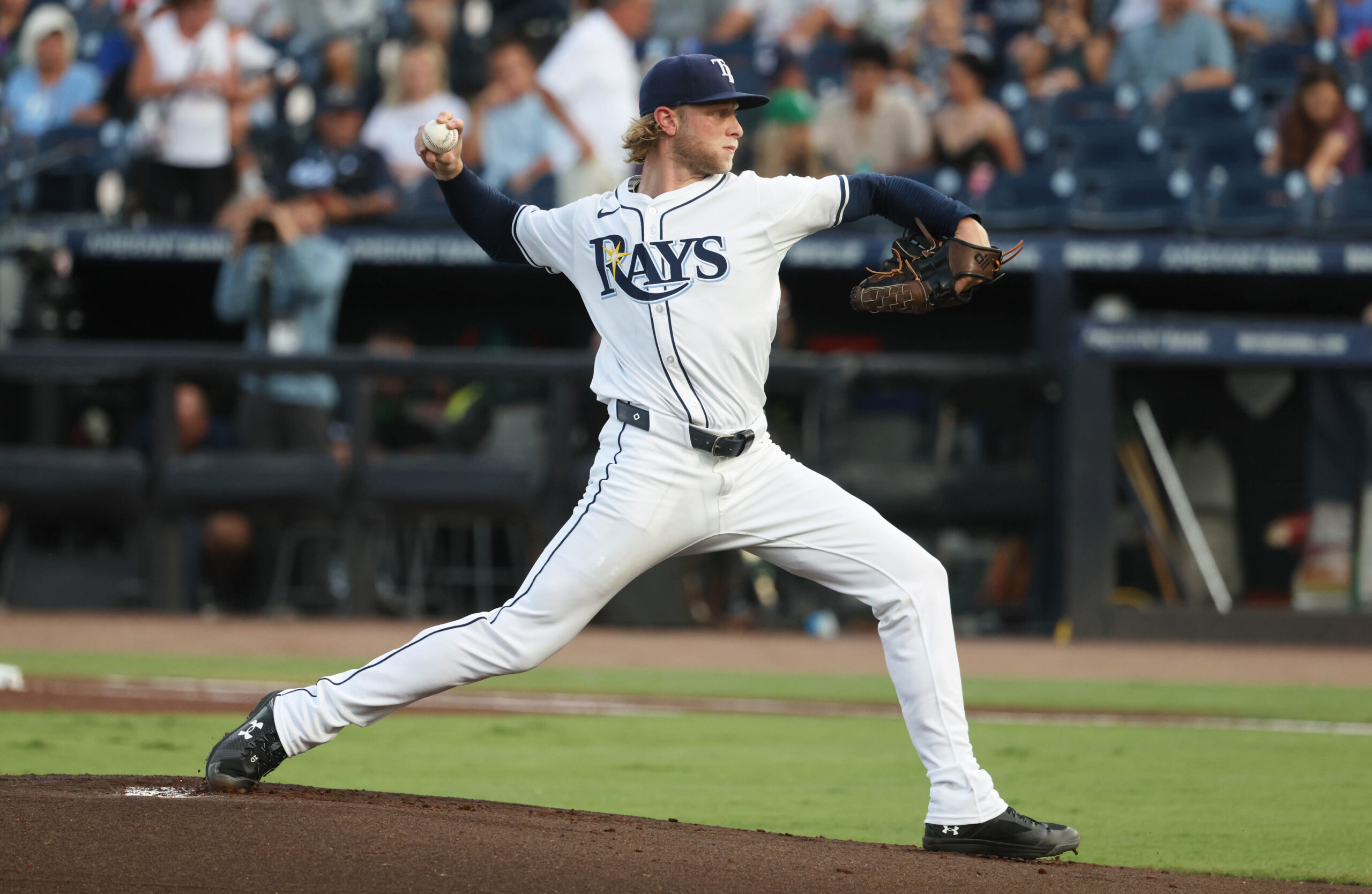 Jul 21, 2025; St. Petersburg, Florida, USA; Tampa Bay Rays starting pitcher Shane Baz (11) throws a pitch against the Chicago White Sox during the first inning at George M. Steinbrenner Field. Mandatory Credit: Kim Klement Neitzel-Imagn Images
