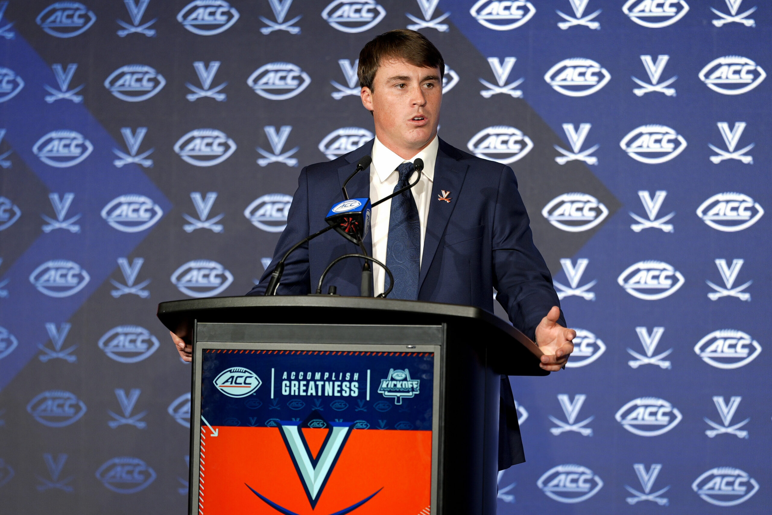 Jul 22, 2025; Charlotte, NC, USA; Virgnia quarterback Chandler Morris answers questions from the media during ACC Media Days at Hilton Charlotte Uptown. Mandatory Credit: Jim Dedmon-Imagn Images