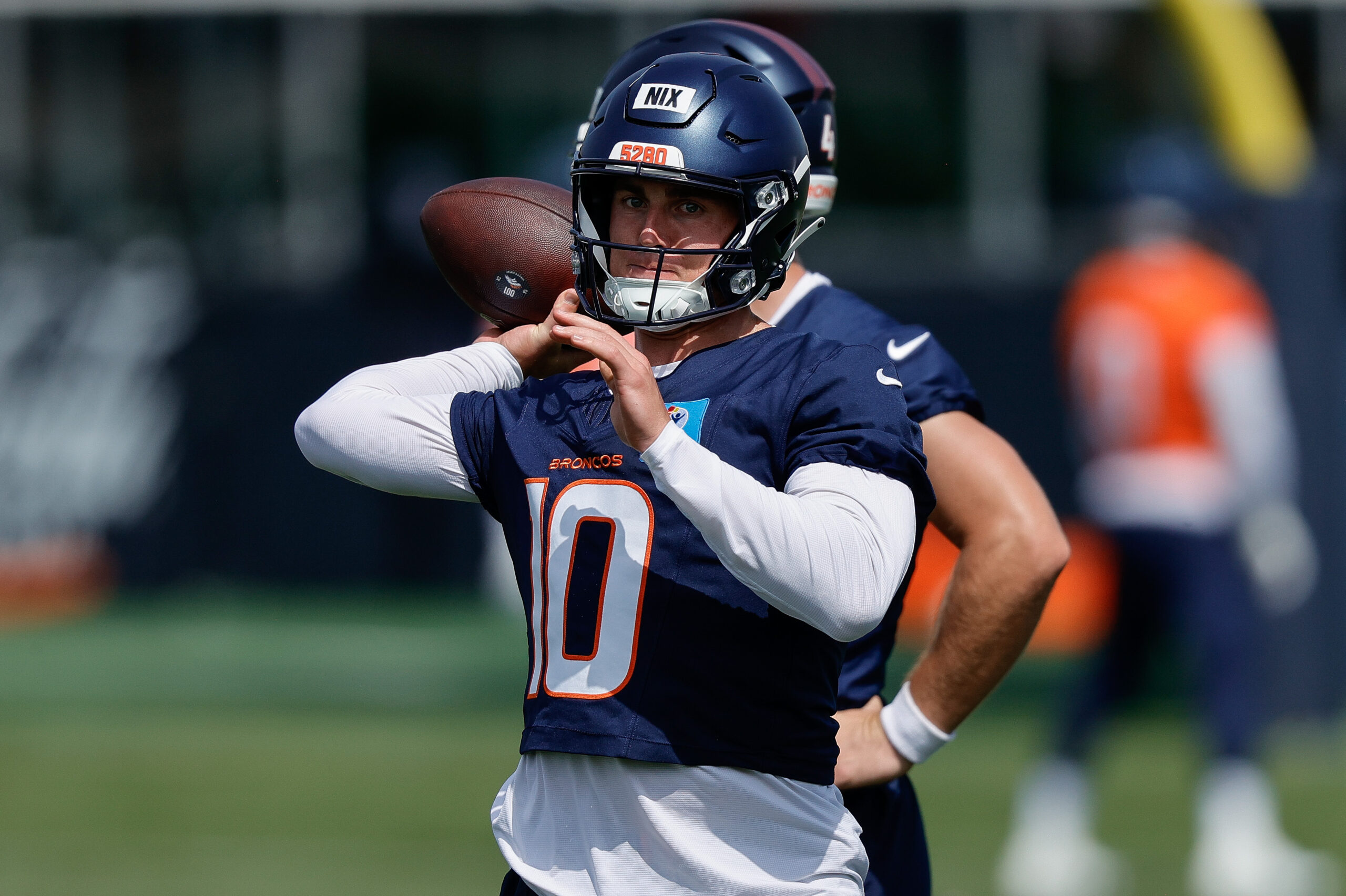 Jul 24, 2025; Englewood, CO, USA; Denver Broncos quarterback Bo Nix (10) during Denver Broncos Training Camp. Mandatory Credit: Isaiah J. Downing-Imagn Images