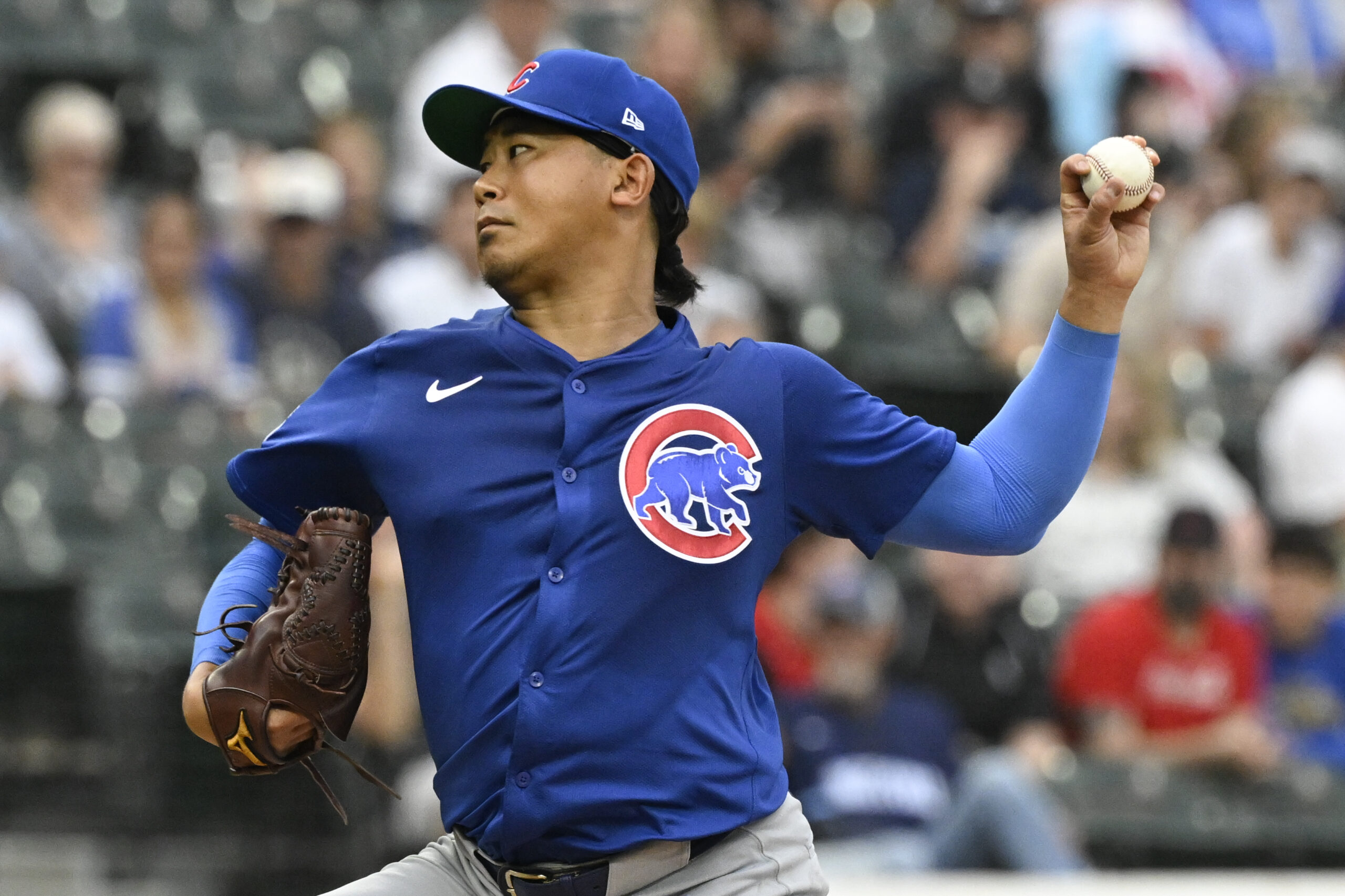 Jul 25, 2025; Chicago, Illinois, USA;  Chicago Cubs pitcher Shota Imanaga (18) delivers during the first inning against the Chicago White Sox at Rate Field. Mandatory Credit: Matt Marton-Imagn Images