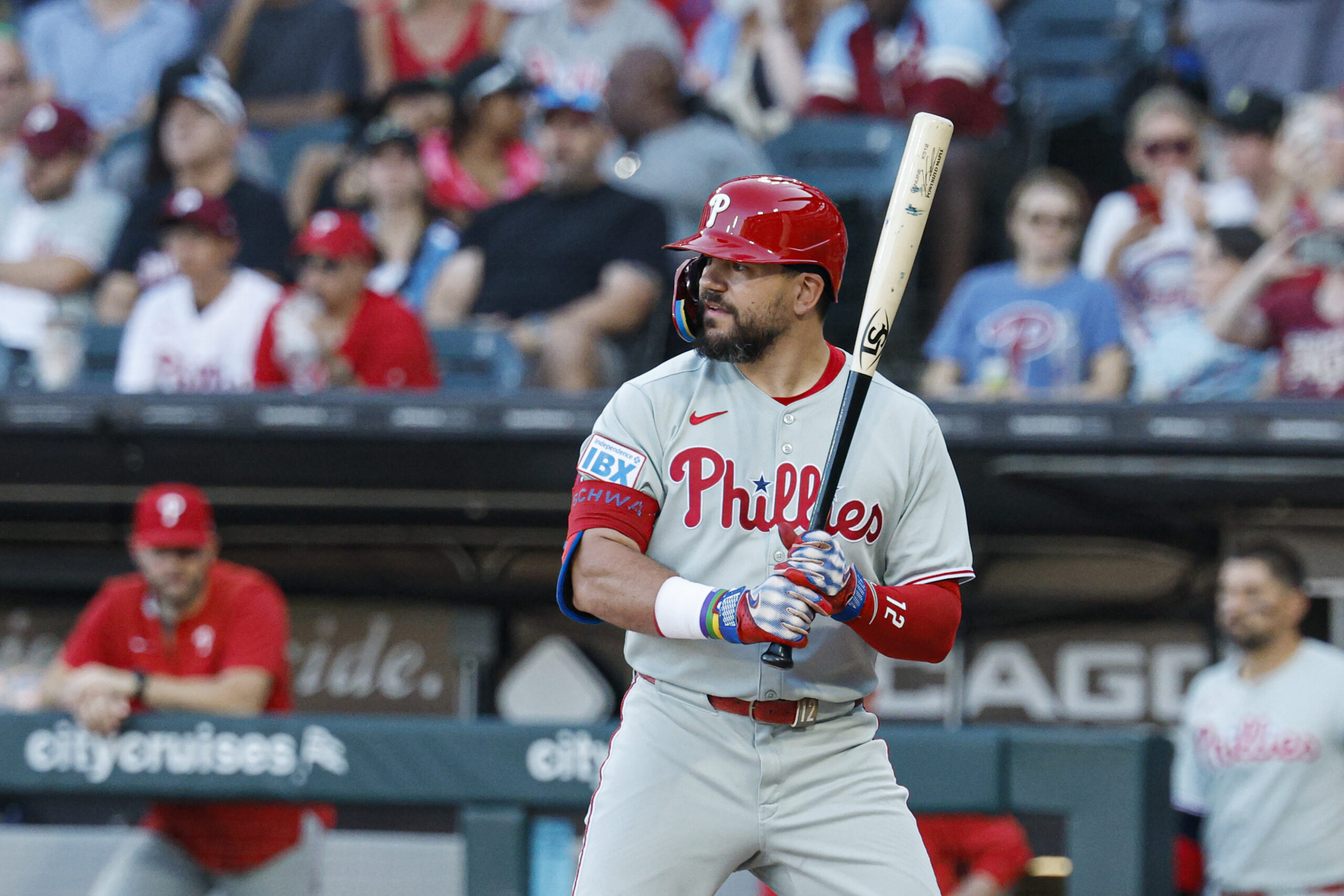 Jul 28, 2025; Chicago, Illinois, USA; Philadelphia Phillies designated hitter Kyle Schwarber (12) bats against the Chicago White Sox during the first inning at Rate Field. Mandatory Credit: Kamil Krzaczynski-Imagn Images