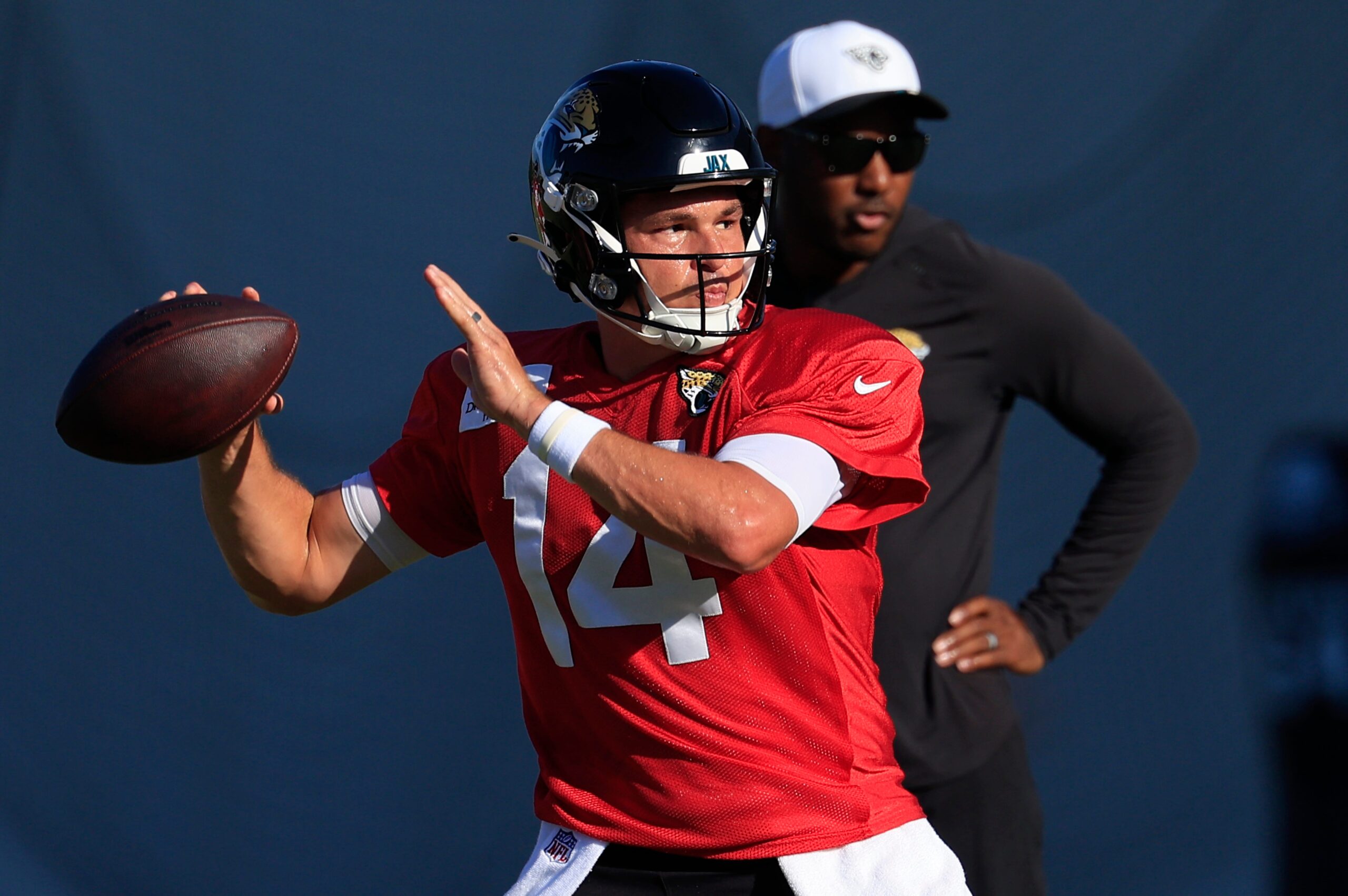 Jacksonville Jaguars quarterback Nick Mullens (14) looks to throw during an NFL training camp session at the Miller Electric Center, Tuesday, July 29, 2025, in Jacksonville, Fla. [Corey Perrine/Florida Times-Union]