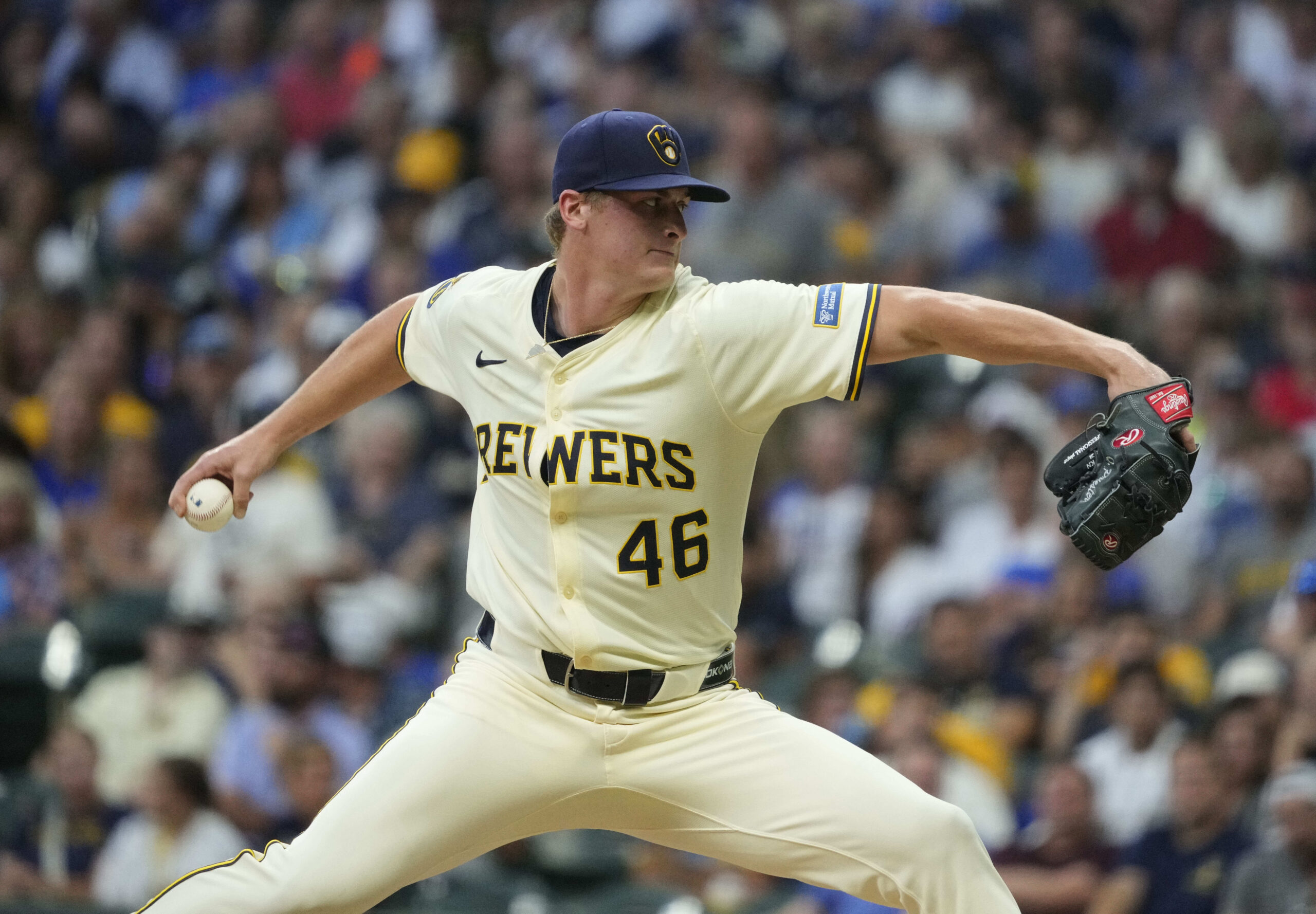 Jul 29, 2025; Milwaukee, Wisconsin, USA; Milwaukee Brewers pitcher Quinn Priester (46) delivers a pitch against the Chicago Cubs in the fourth inning at American Family Field. Mandatory Credit: Michael McLoone-Imagn Images