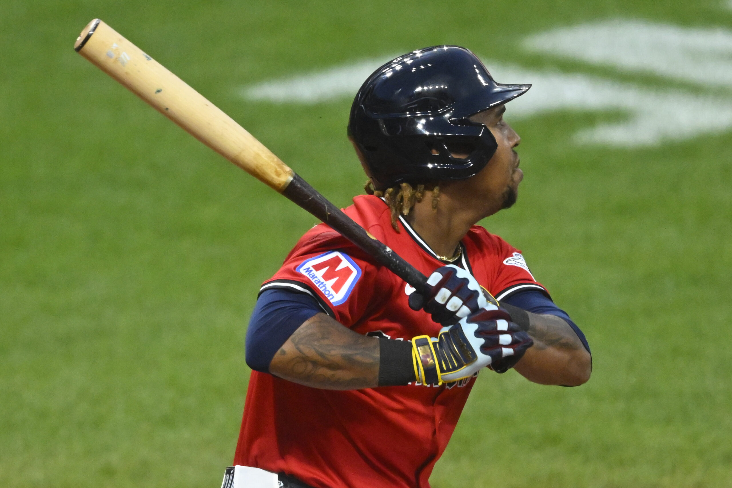 Jul 30, 2025; Cleveland, Ohio, USA; Cleveland Guardians third baseman Jose Ramirez (11) singles in the eighth inning against the Colorado Rockies at Progressive Field. Mandatory Credit: David Richard-Imagn Images
