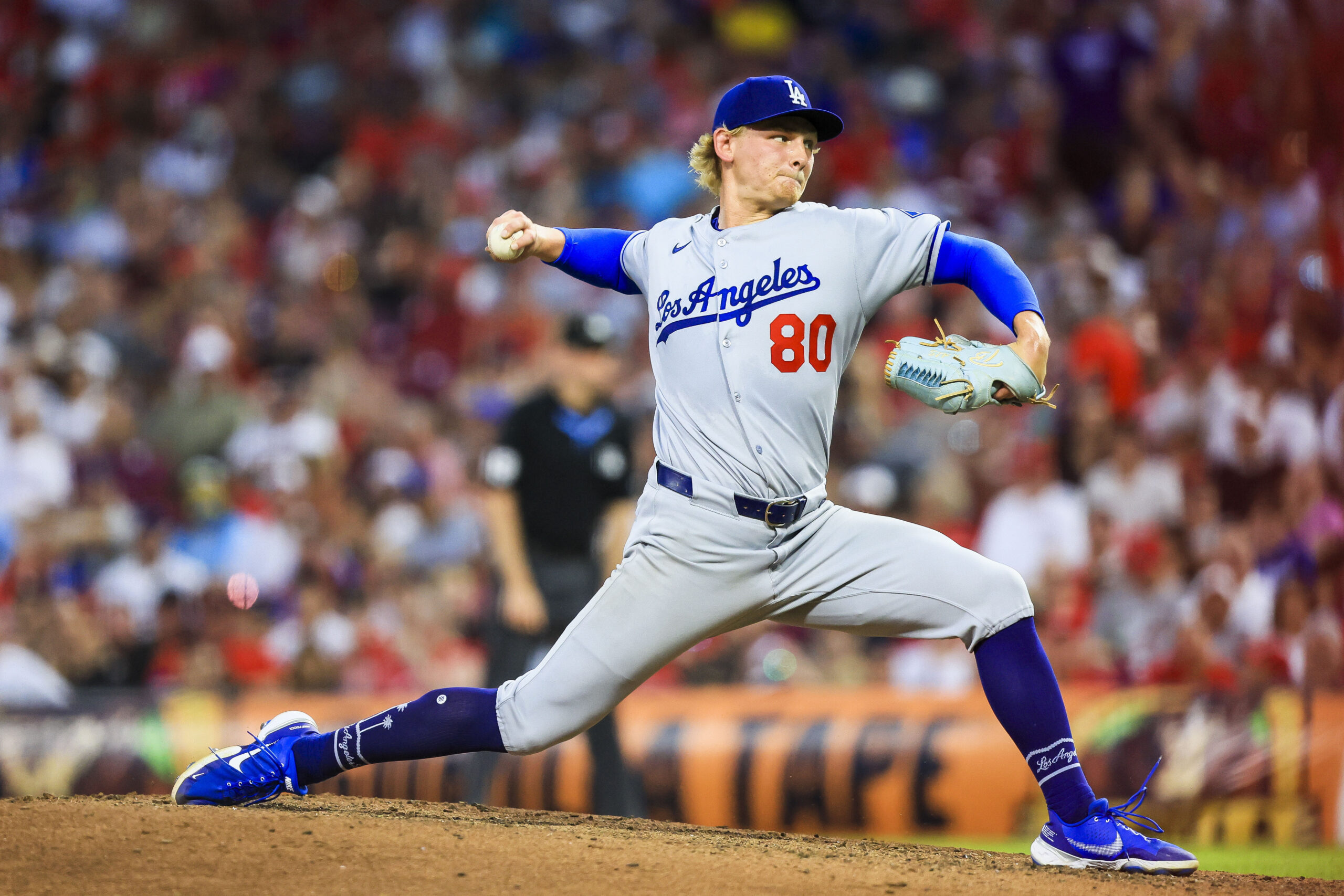 Jul 30, 2025; Cincinnati, Ohio, USA; Los Angeles Dodgers relief pitcher Emmet Sheehan (80) pitches against the Cincinnati Reds in the sixth inning at Great American Ball Park. Mandatory Credit: Katie Stratman-Imagn Images