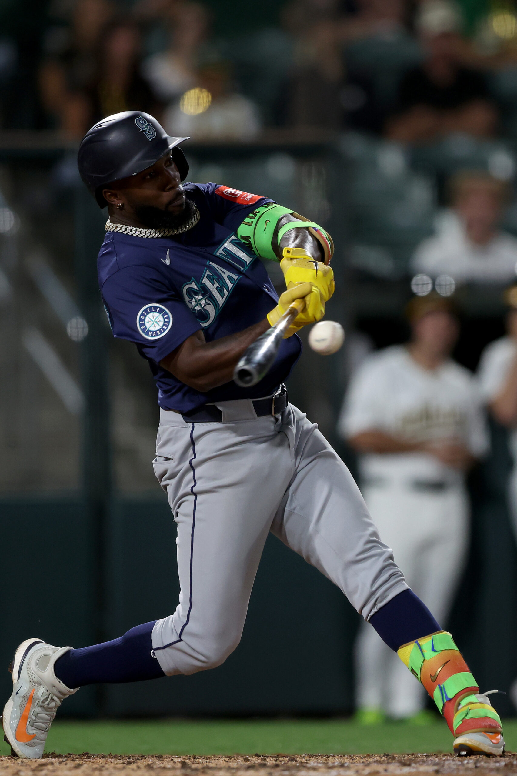 Jul 30, 2025; West Sacramento, California, USA; Seattle Mariners left fielder Randy Arozarena (56) hits a solo home run against the Athletics during the ninth inning at Sutter Health Park. Mandatory Credit: Dennis Lee-Imagn Images