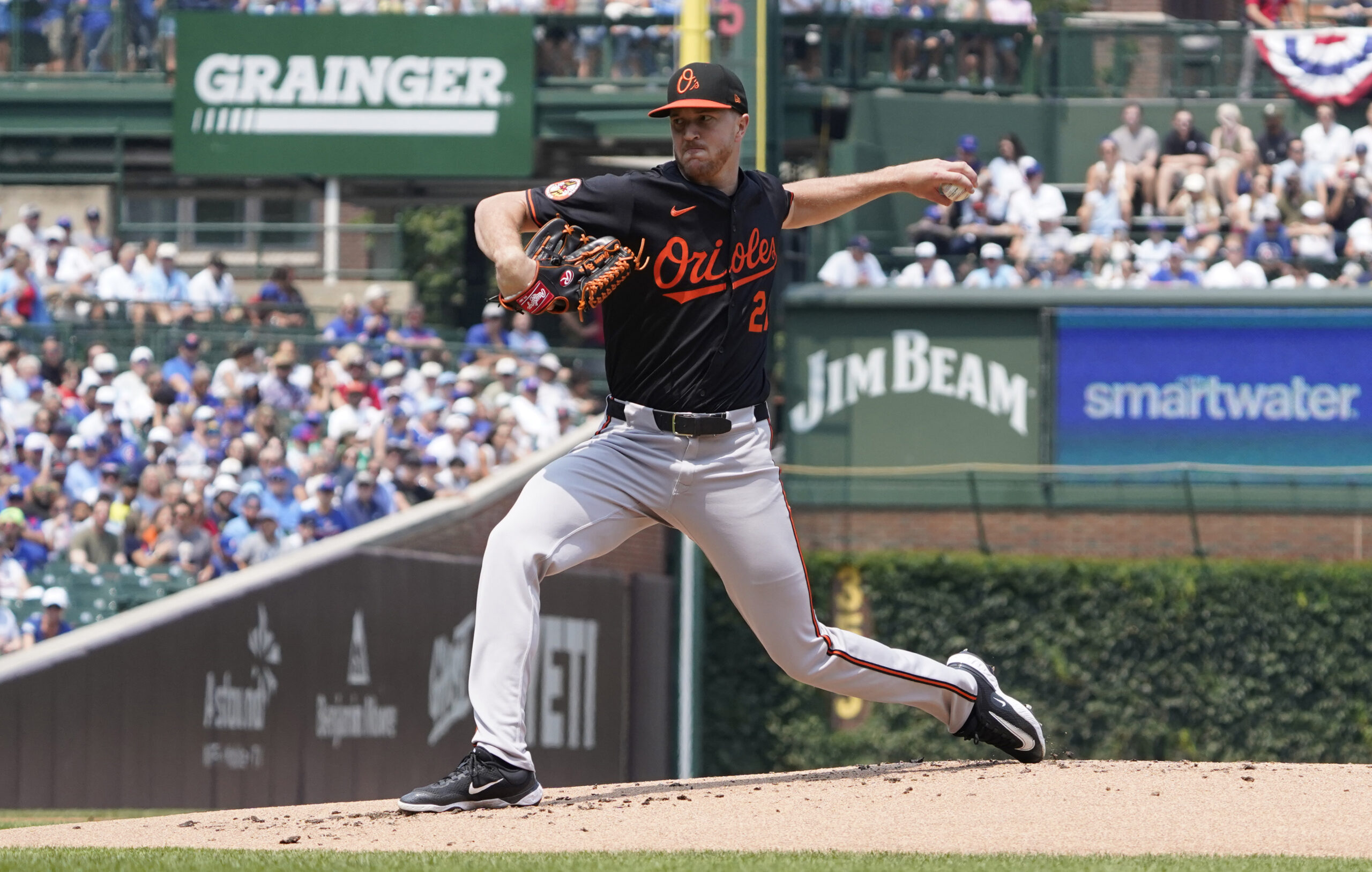 Aug 1, 2025; Chicago, Illinois, USA; Baltimore Orioles pitcher Trevor Rogers (28) throws the ball against the Chicago Cubs during the first inning at Wrigley Field. Mandatory Credit: David Banks-Imagn Images