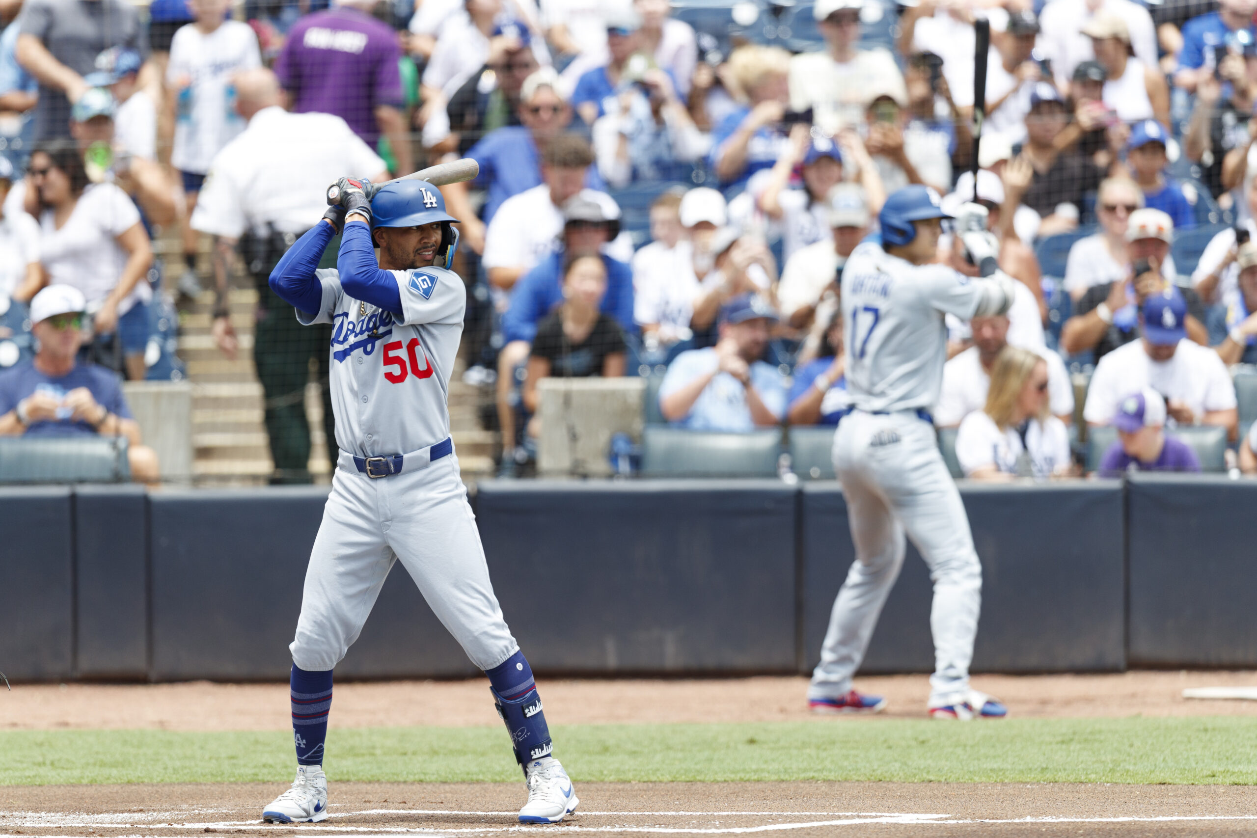 Aug 2, 2025; St. Petersburg, Florida, USA; Los Angeles Dodgers short stop Mookie Betts (50) stands at the plate with designated hitter Shohei Ohtani (17) behind against the Tampa Bay Rays during the first inning at George M. Steinbrenner Field. Mandatory Credit: Morgan Tencza-Imagn Images