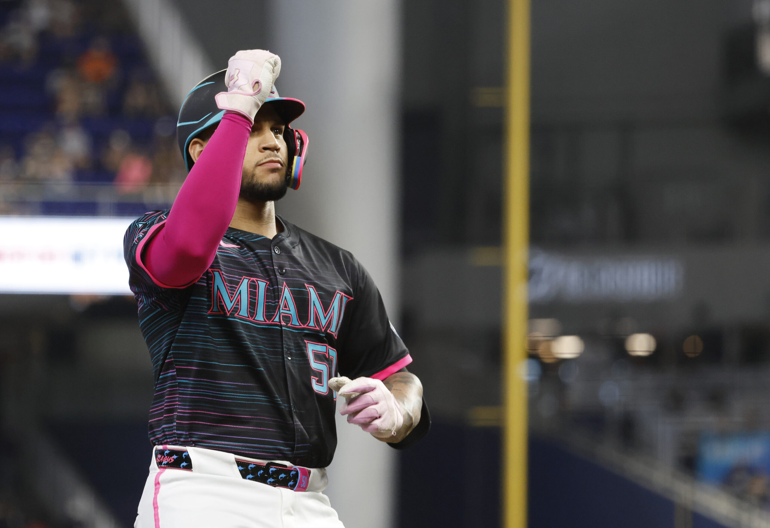Aug 2, 2025; Miami, Florida, USA; Miami Marlins catcher Agustin Ramirez (50) reacts to his home run against the New York Yankees during the first inning at loanDepot Park. Mandatory Credit: Rhona Wise-Imagn Images