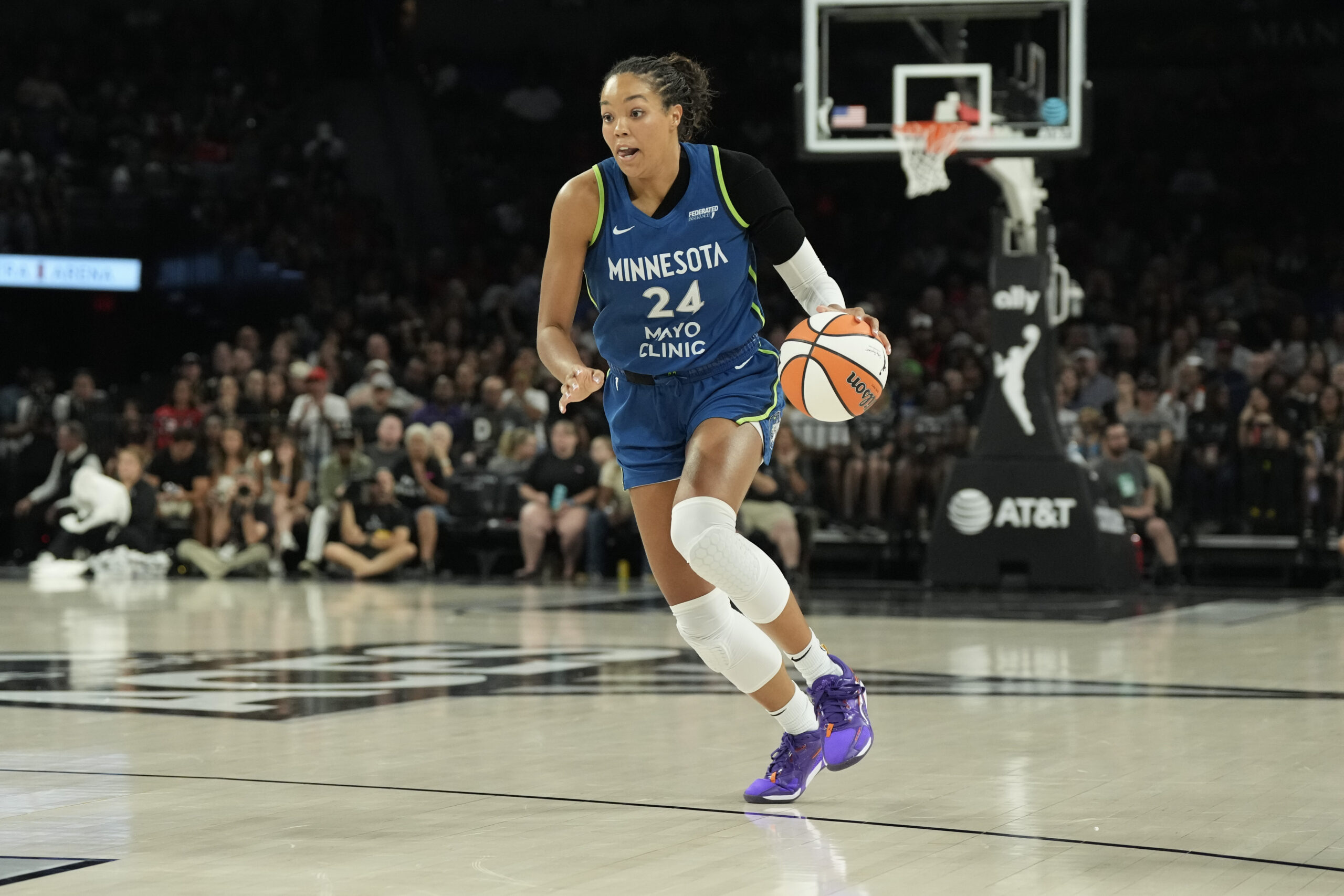 Aug 2, 2025; Las Vegas, Nevada, USA; Minnesota Lynx forward Napheesa Collier (24) dribbles against the Las Vegas Aces during the first quarter at Michelob Ultra Arena. Mandatory Credit: Candice Ward-Imagn Images