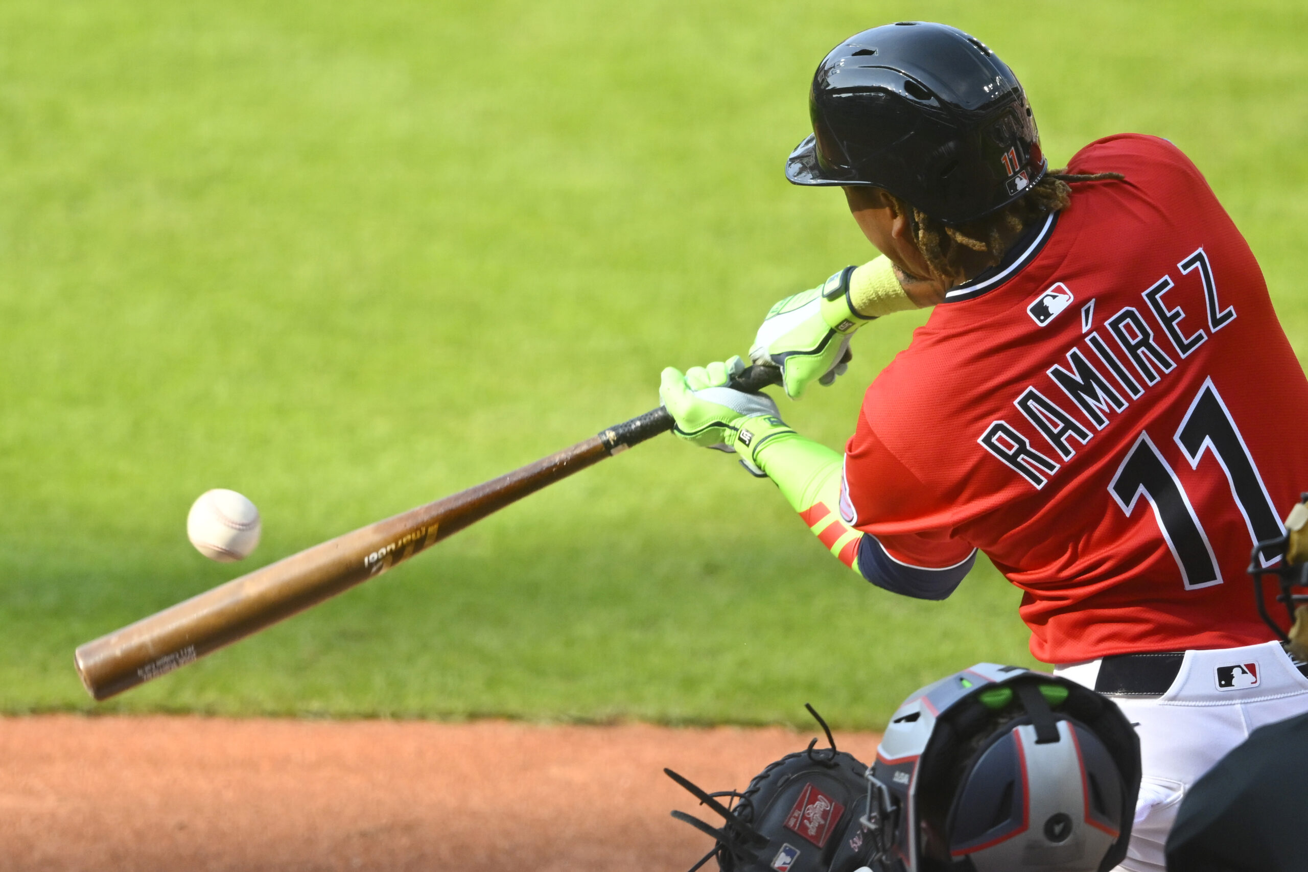 Aug 2, 2025; Cleveland, Ohio, USA; Cleveland Guardians third baseman Jose Ramirez (11) hits a two-run home run in the fifth inning against the Minnesota Twins at Progressive Field. Mandatory Credit: David Richard-Imagn Images