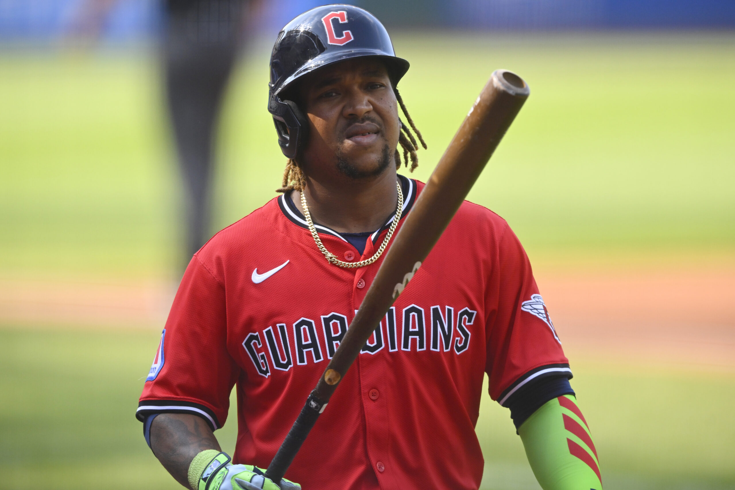 Aug 2, 2025; Cleveland, Ohio, USA; Cleveland Guardians third baseman Jose Ramirez (11) stands on deck in the third inning against the Minnesota Twins at Progressive Field. Mandatory Credit: David Richard-Imagn Images