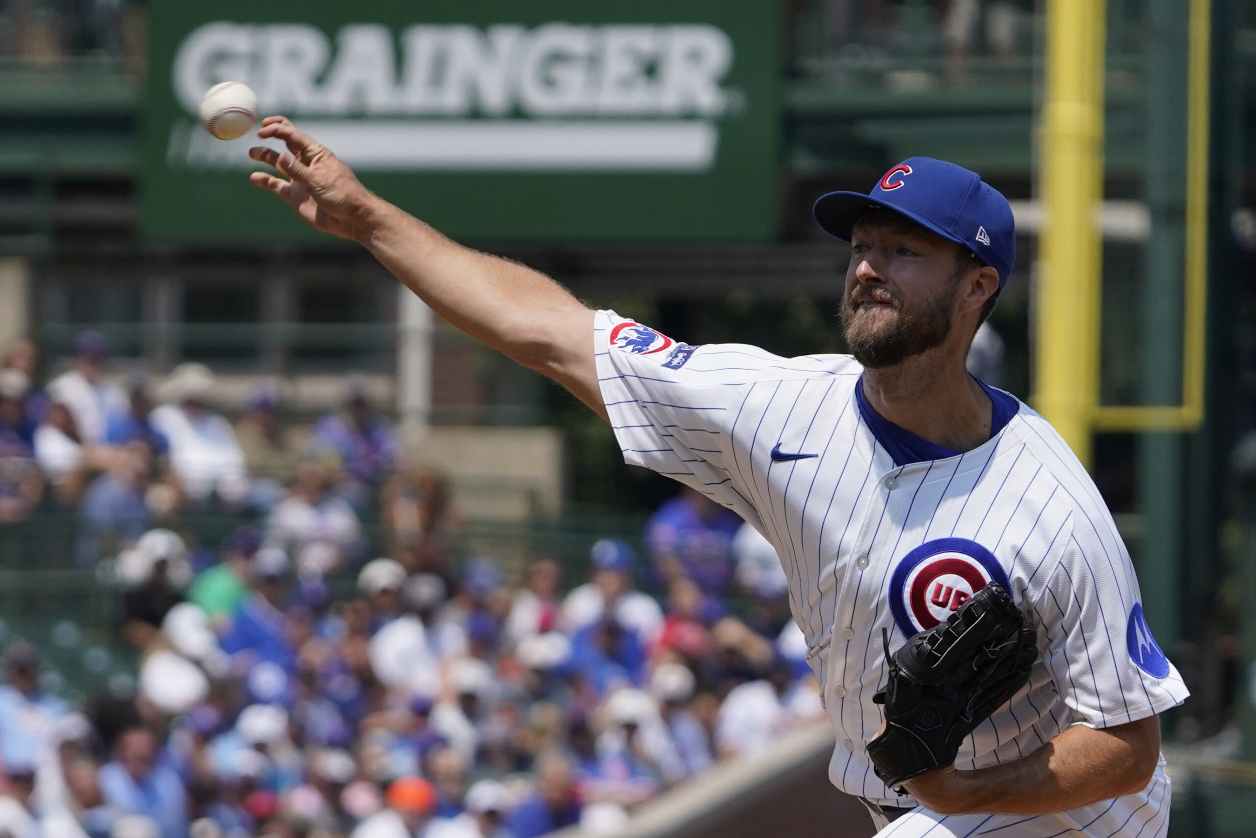 Aug 3, 2025; Chicago, Illinois, USA; Chicago Cubs pitcher Colin Rea (53) throws the ball against the Baltimore Orioles during the first inning at Wrigley Field. Mandatory Credit: David Banks-Imagn Images