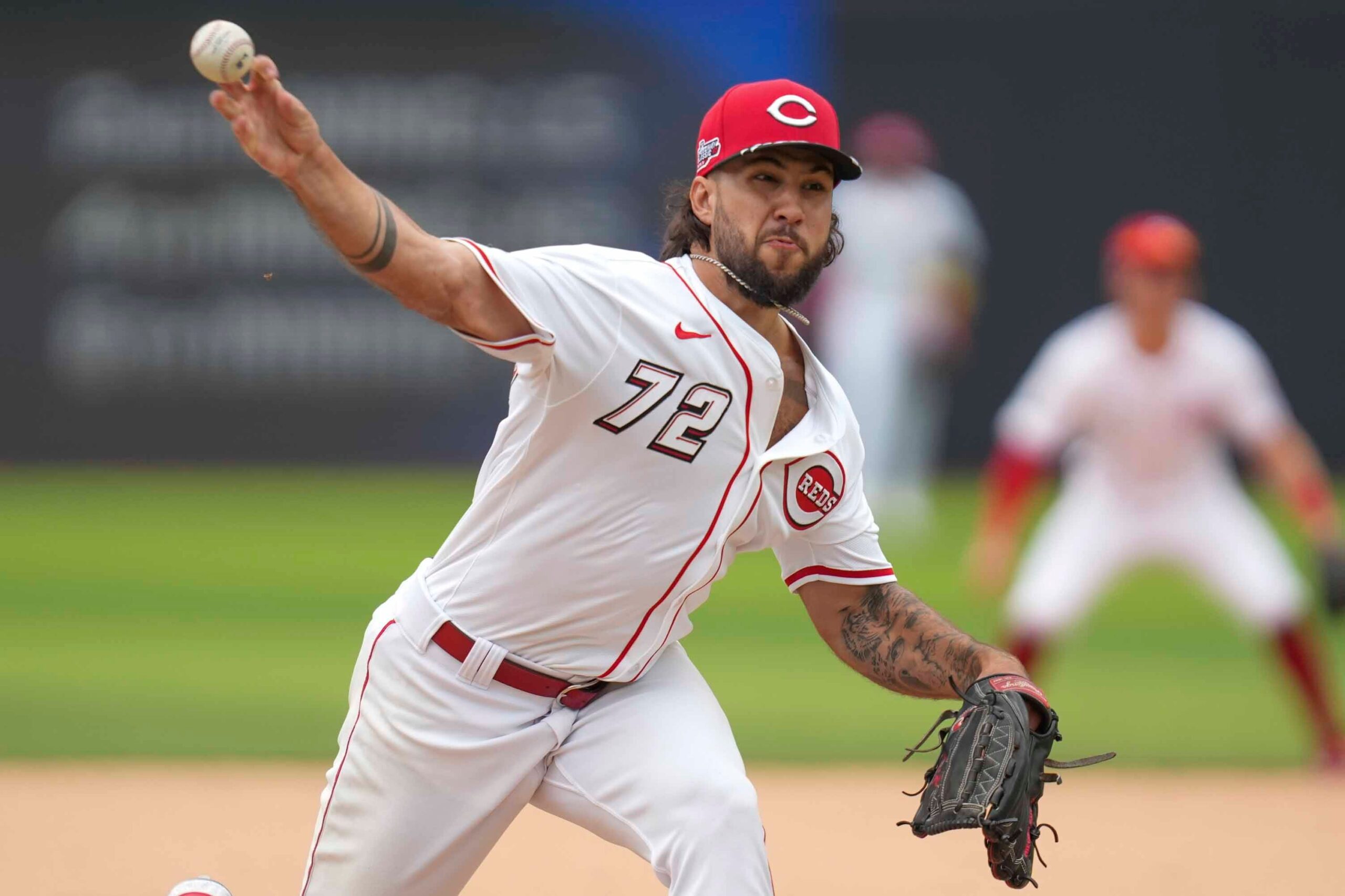 Cincinnati Reds pitcher Lyon Richardson (72) pitches during a Major League Baseball game between the Atlanta Brave and Cincinnati Reds at Bristol Motor Speedway on August 3, 2025.