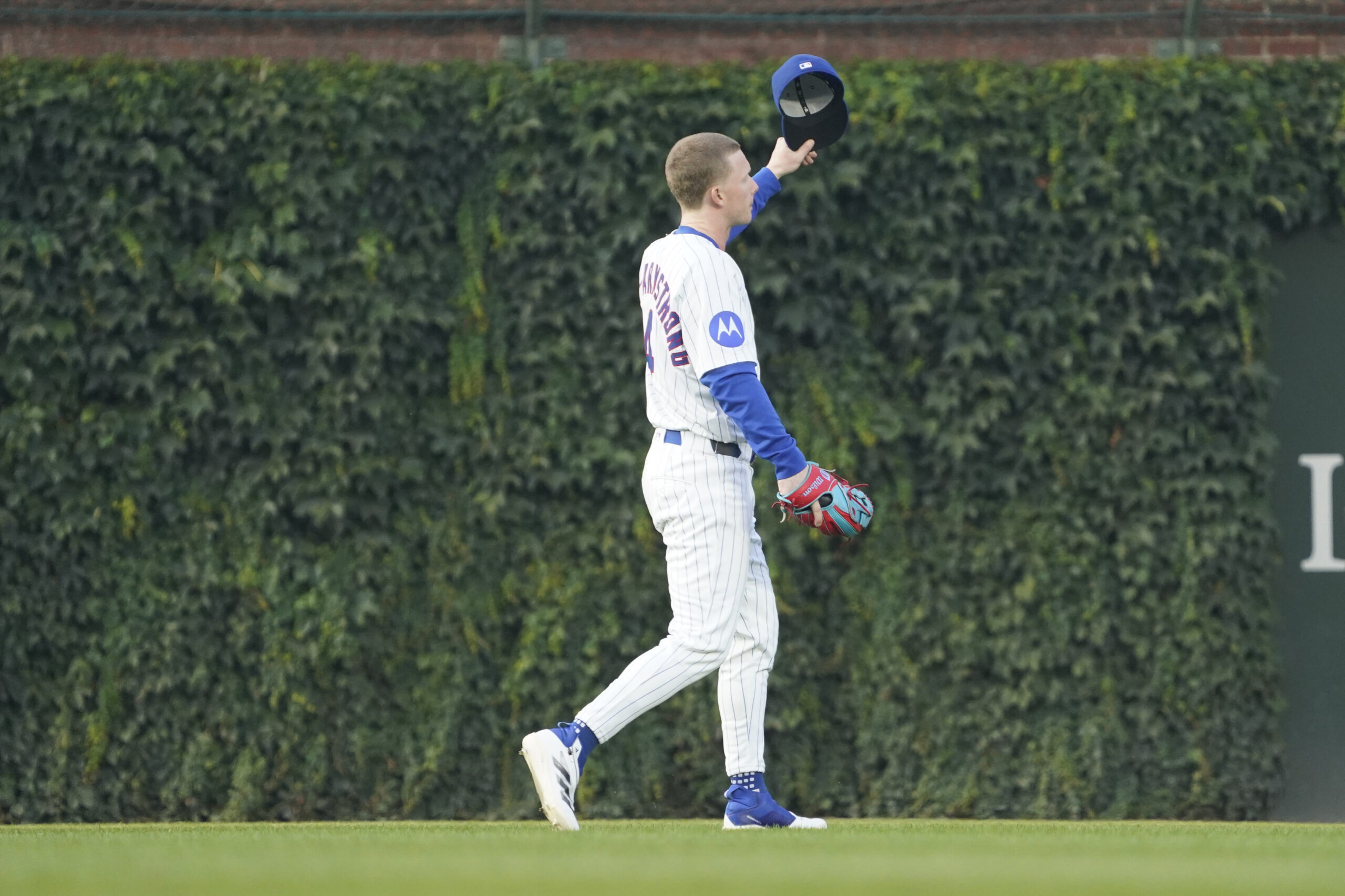 Aug 5, 2025; Chicago, Illinois, USA; Chicago Cubs outfielder Pete Crow-Armstrong (4) waves to the fans before the game against the Cincinnati Reds at Wrigley Field. Mandatory Credit: David Banks-Imagn Images
