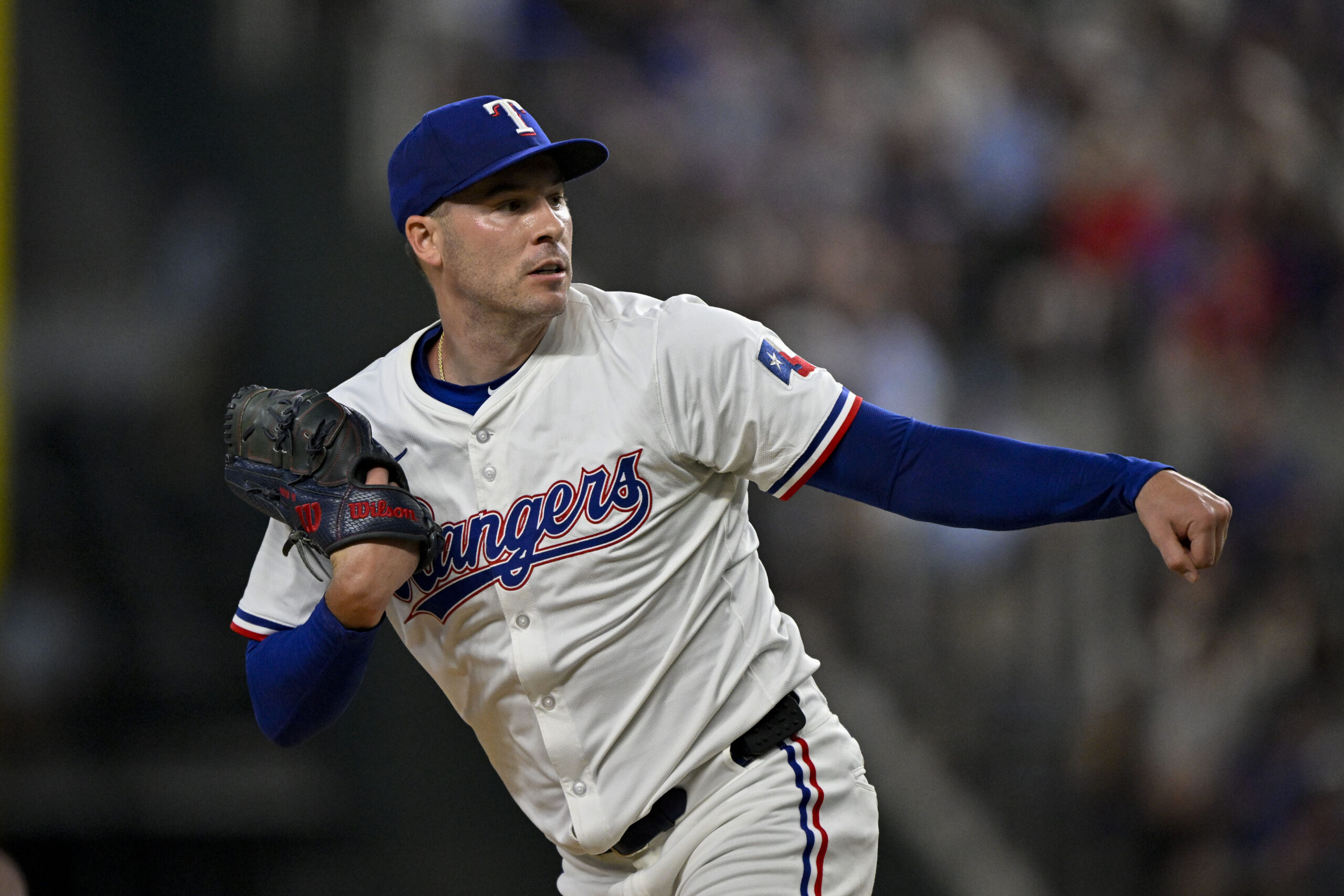 Aug 4, 2025; Arlington, Texas, USA; Texas Rangers starting pitcher Patrick Corbin (46) in action during the game between the Texas Rangers and the New York Yankees at Globe Life Field. Mandatory Credit: Jerome Miron-Imagn Images