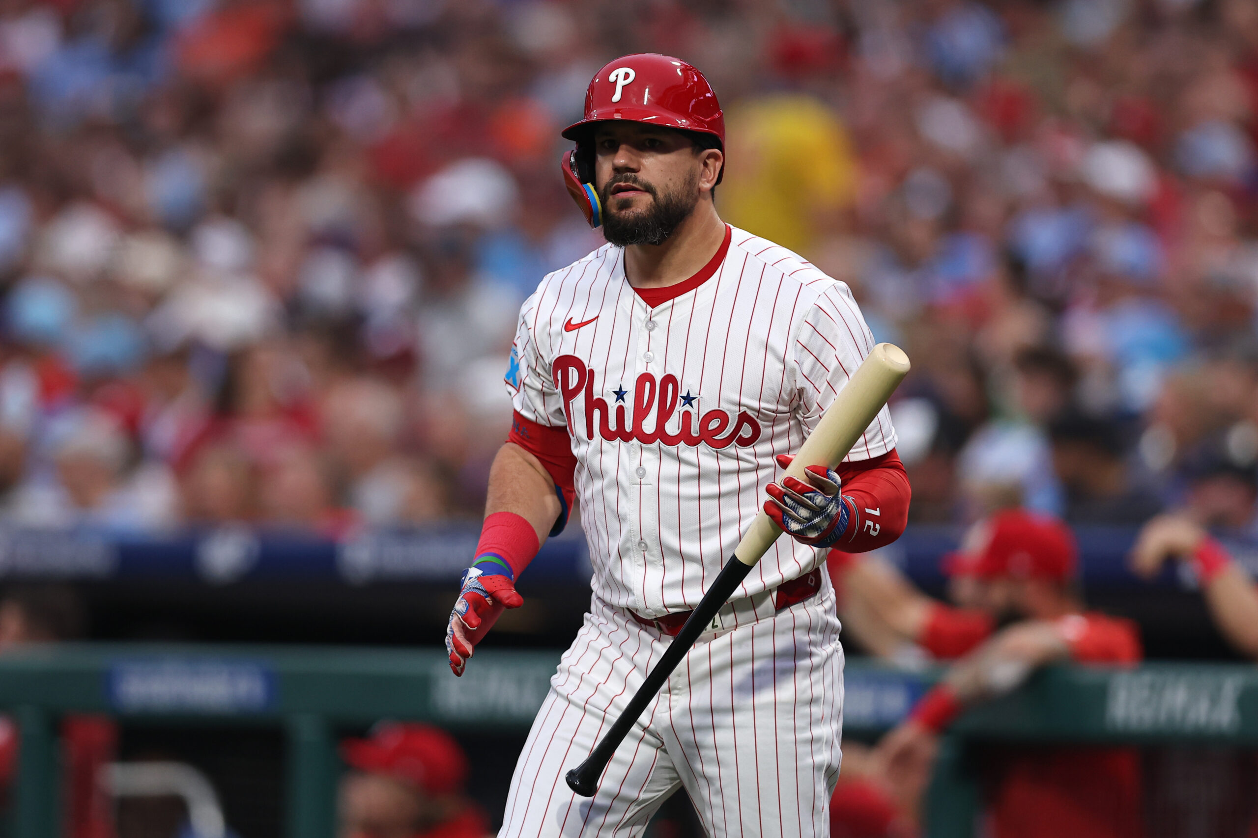 Aug 5, 2025; Philadelphia, Pennsylvania, USA; Philadelphia Phillies outfielder Kyle Schwarber (12) prepares to bat during the second inning against the Baltimore Orioles at Citizens Bank Park. Mandatory Credit: Bill Streicher-Imagn Images