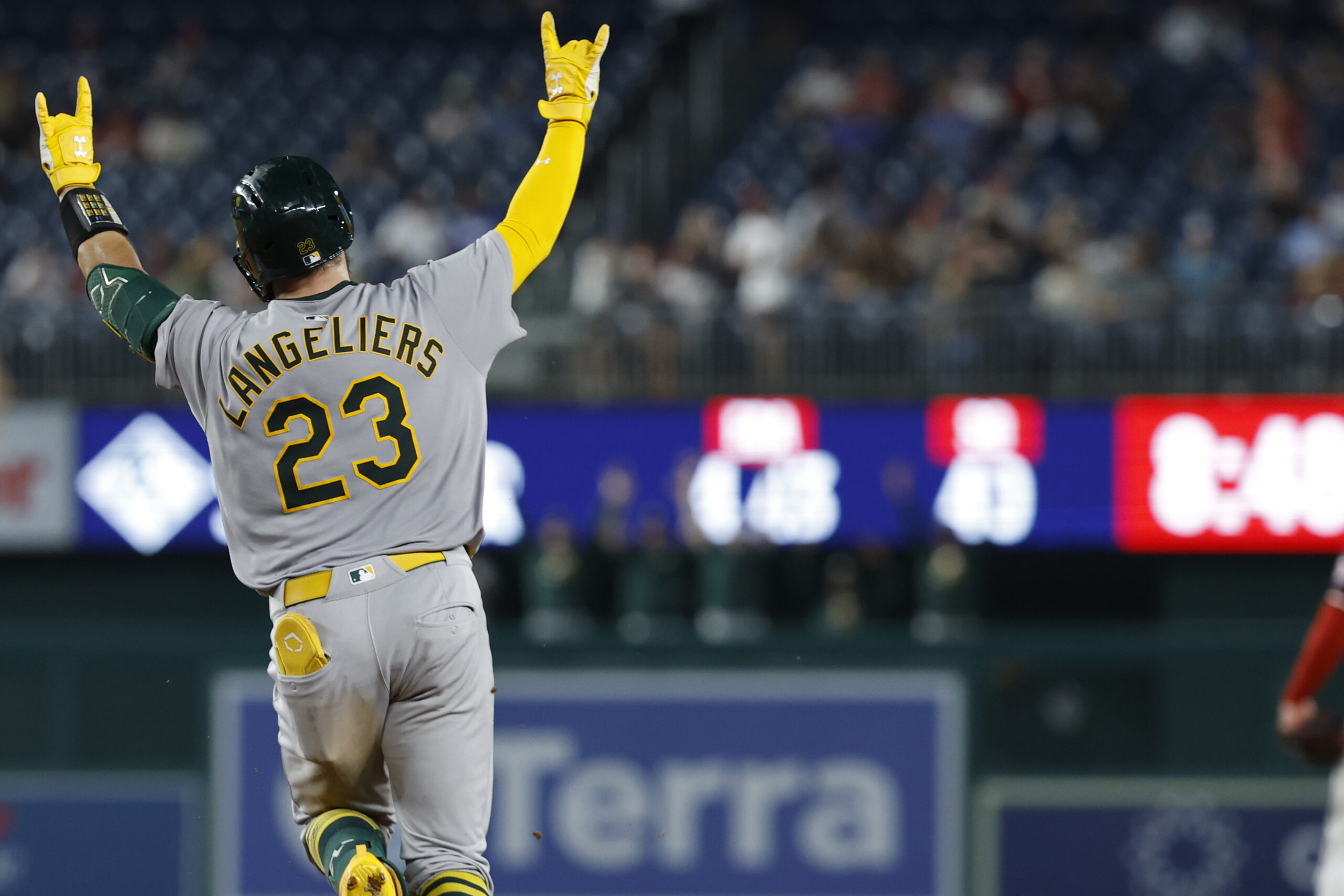 Aug 5, 2025; Washington, District of Columbia, USA; Athletics catcher Shea Langeliers (23) rounds the bases after hitting a home run against the Washington Nationals during the seventh inning at Nationals Park. Mandatory Credit: Geoff Burke-Imagn Images