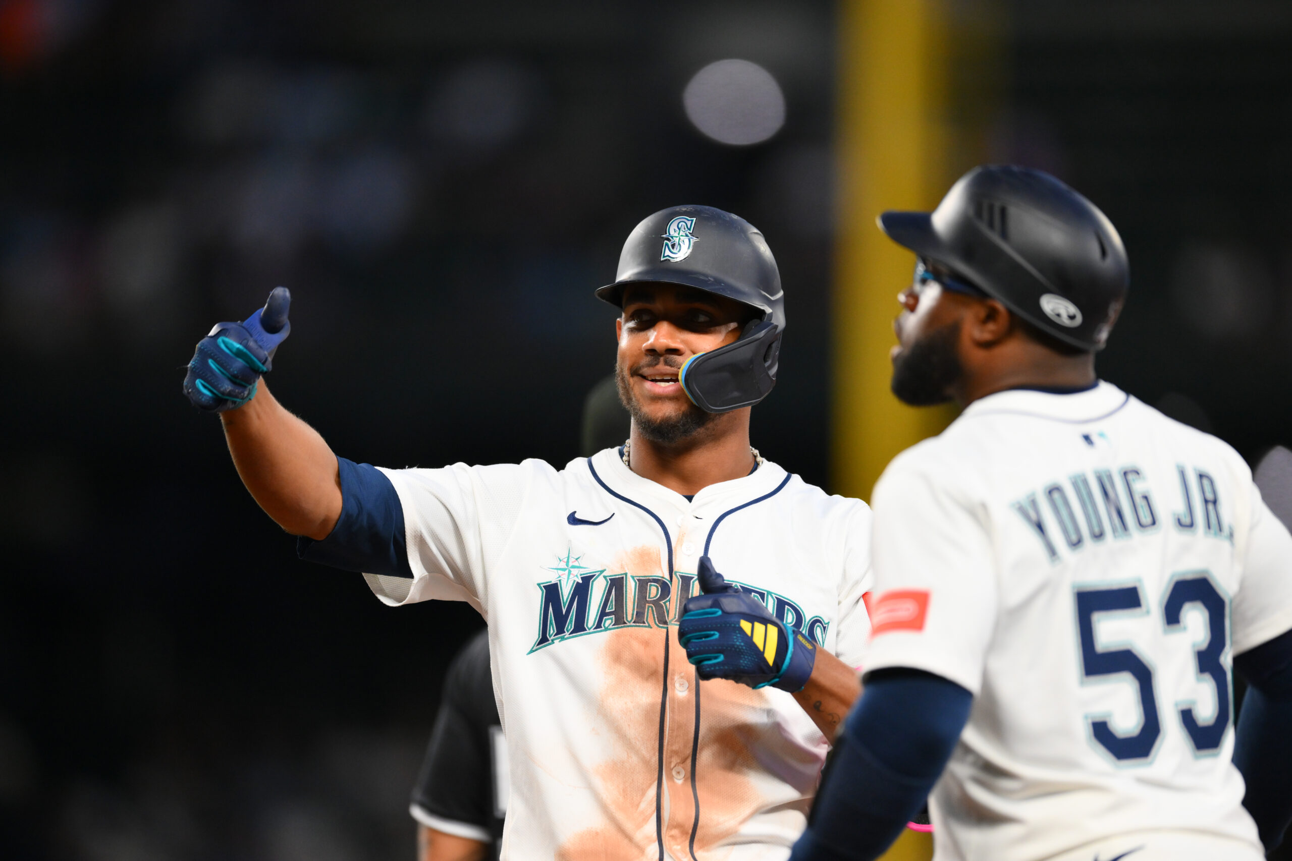 Aug 5, 2025; Seattle, Washington, USA; Seattle Mariners center fielder Julio Rodriguez (44) celebrates after hitting a single against the Chicago White Sox during the seventh inning at T-Mobile Park. Mandatory Credit: Steven Bisig-Imagn Images