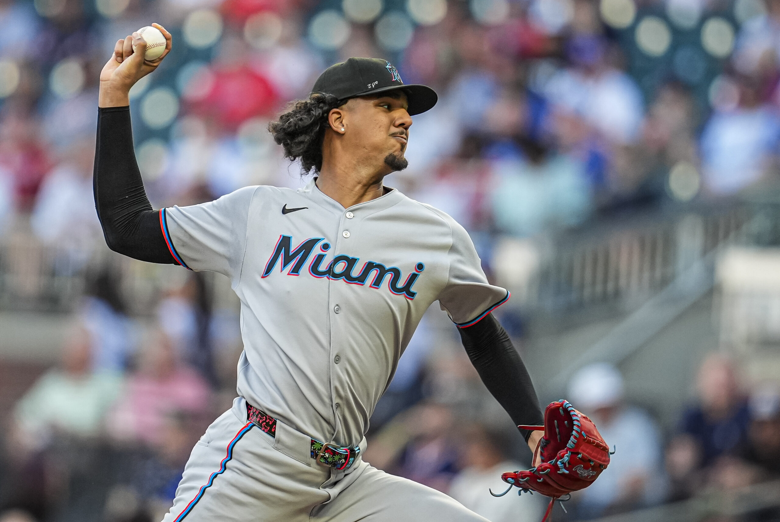 Aug 7, 2025; Cumberland, Georgia, USA; Miami Marlins starting pitcher Eury Perez (39) pitches against the Atlanta Braves during the first inning at Truist Park. Mandatory Credit: Dale Zanine-Imagn Images