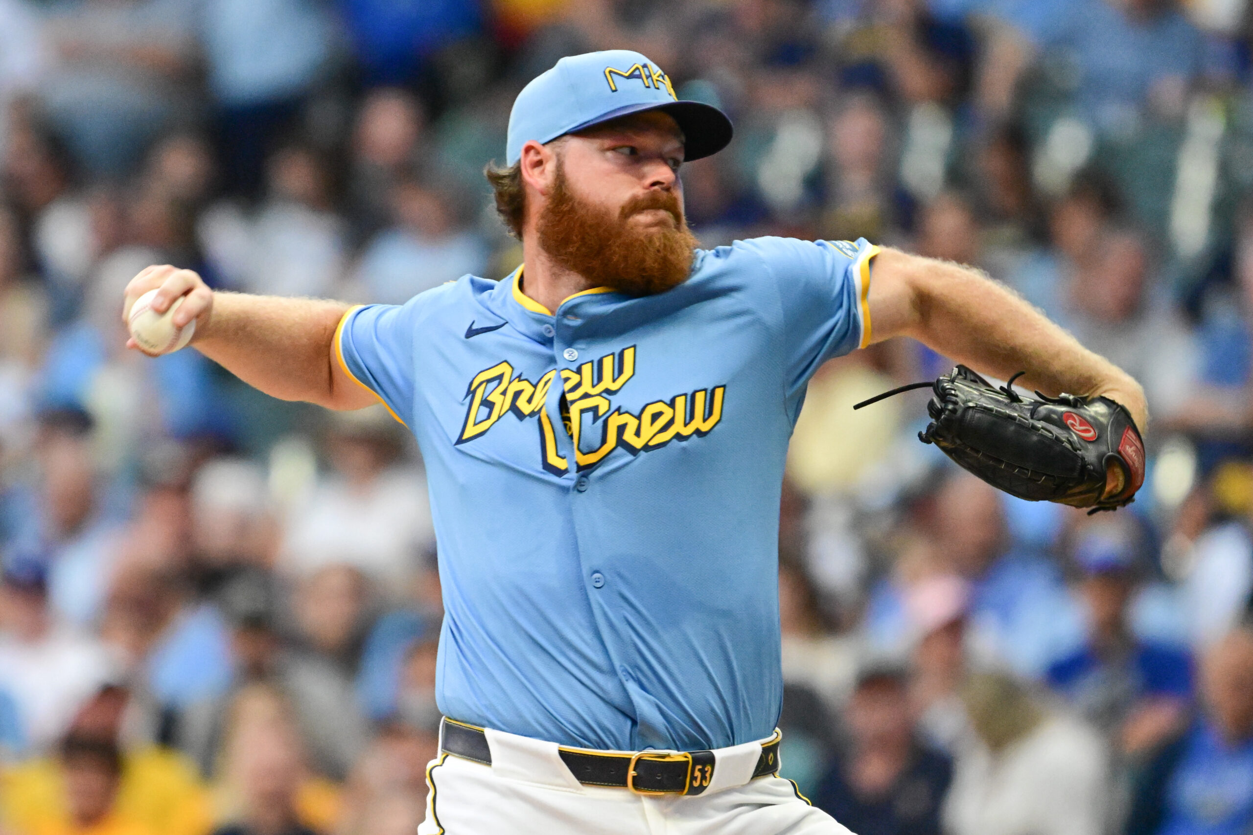 Aug 8, 2025; Milwaukee, Wisconsin, USA;  Milwaukee Brewers starting pitcher Brandon Woodruff (53) throws a pitch in the first inning against the New York Mets at American Family Field. Mandatory Credit: Benny Sieu-Imagn Images