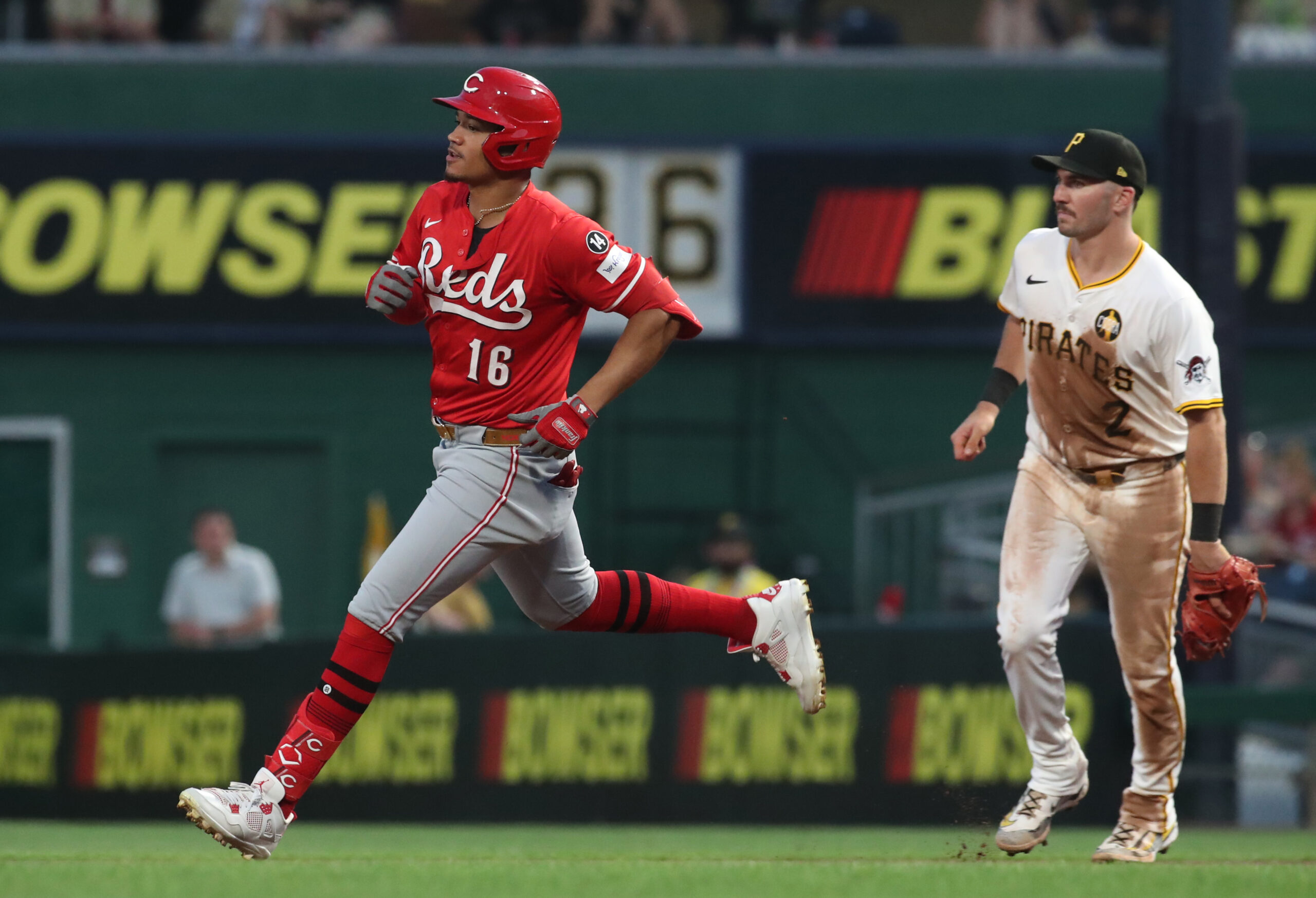 Aug 9, 2025; Pittsburgh, Pennsylvania, USA; Cincinnati Reds right fielder Noelvi Marte (16) runs to second base with a double against the Pittsburgh Pirates seventh inning at PNC Park. Mandatory Credit: Charles LeClaire-Imagn Images