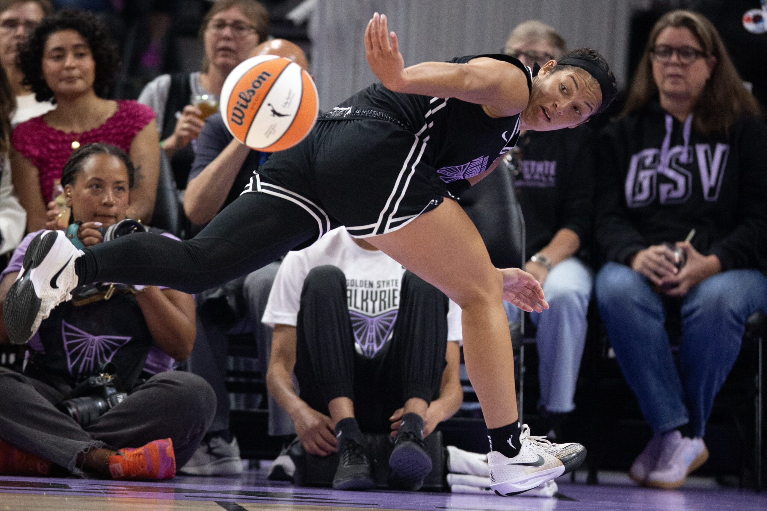 Aug 9, 2025; San Francisco, California, USA; Golden State Valkyries guard Veronica Burton (22) saves the ball from going out of bounds during the second quarter against the Los Angeles Sparks at Chase Center. Mandatory Credit: D. Ross Cameron-Imagn Images