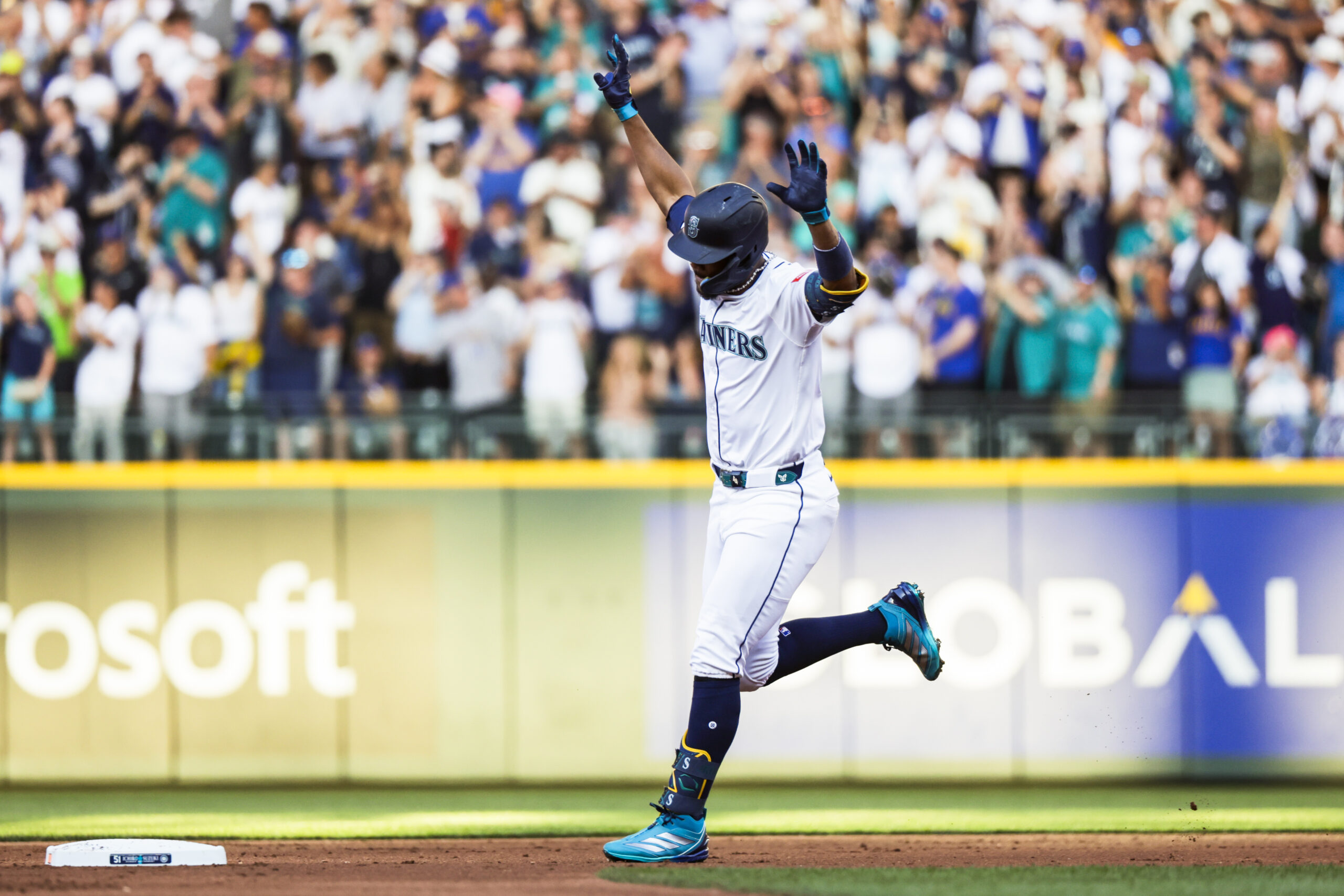 Aug 9, 2025; Seattle, Washington, USA; Seattle Mariners center fielder Julio Rodríguez (44) runs the bases after hitting a two-run home run against the Tampa Bay Rays during the first inning at T-Mobile Park. Mandatory Credit: Joe Nicholson-Imagn Images