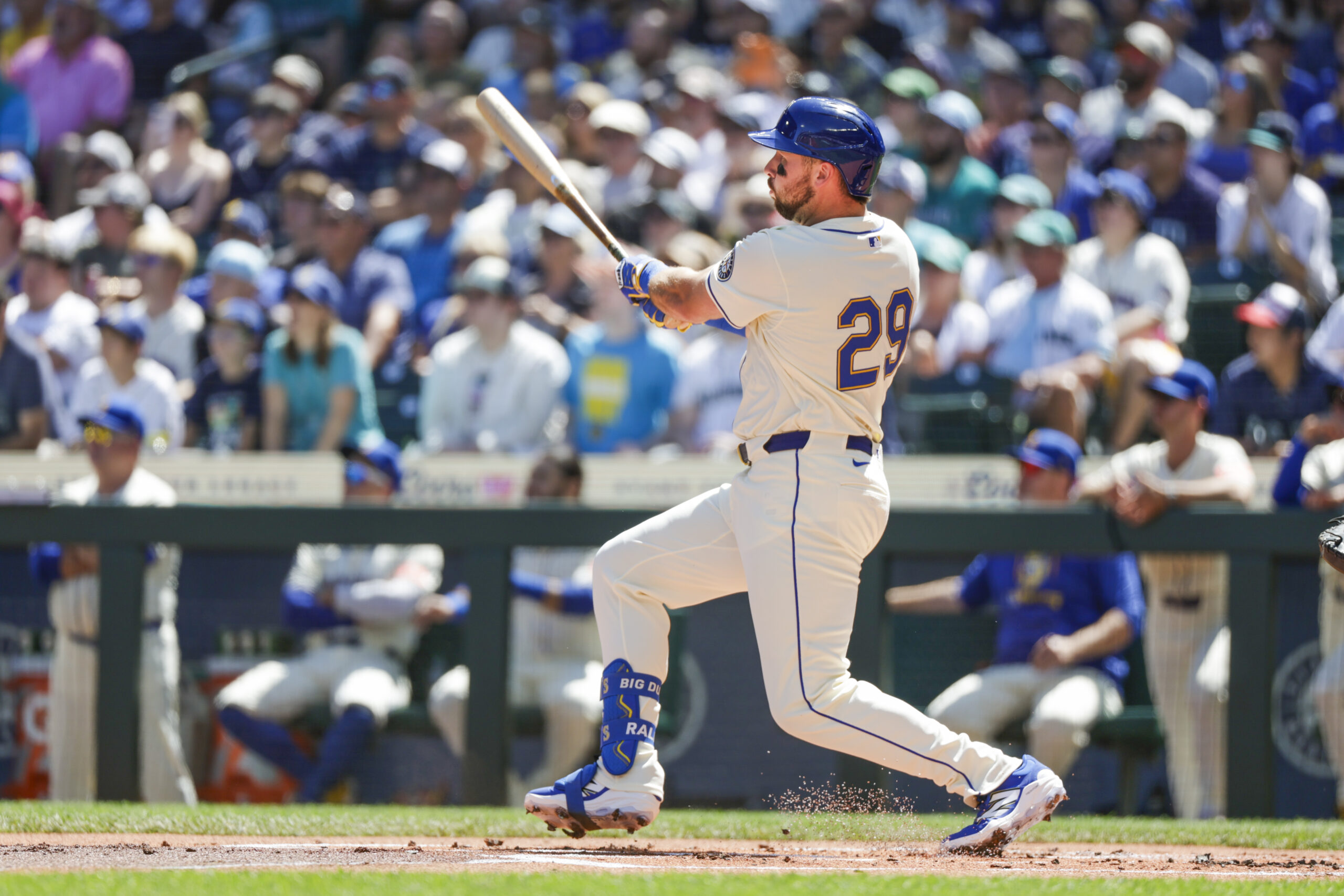 Aug 10, 2025; Seattle, Washington, USA; Seattle Mariners designated hitter Cal Raleigh (29) hits a two-run home run against the Tampa Bay Rays during the first inning at T-Mobile Park. Mandatory Credit: Joe Nicholson-Imagn Images