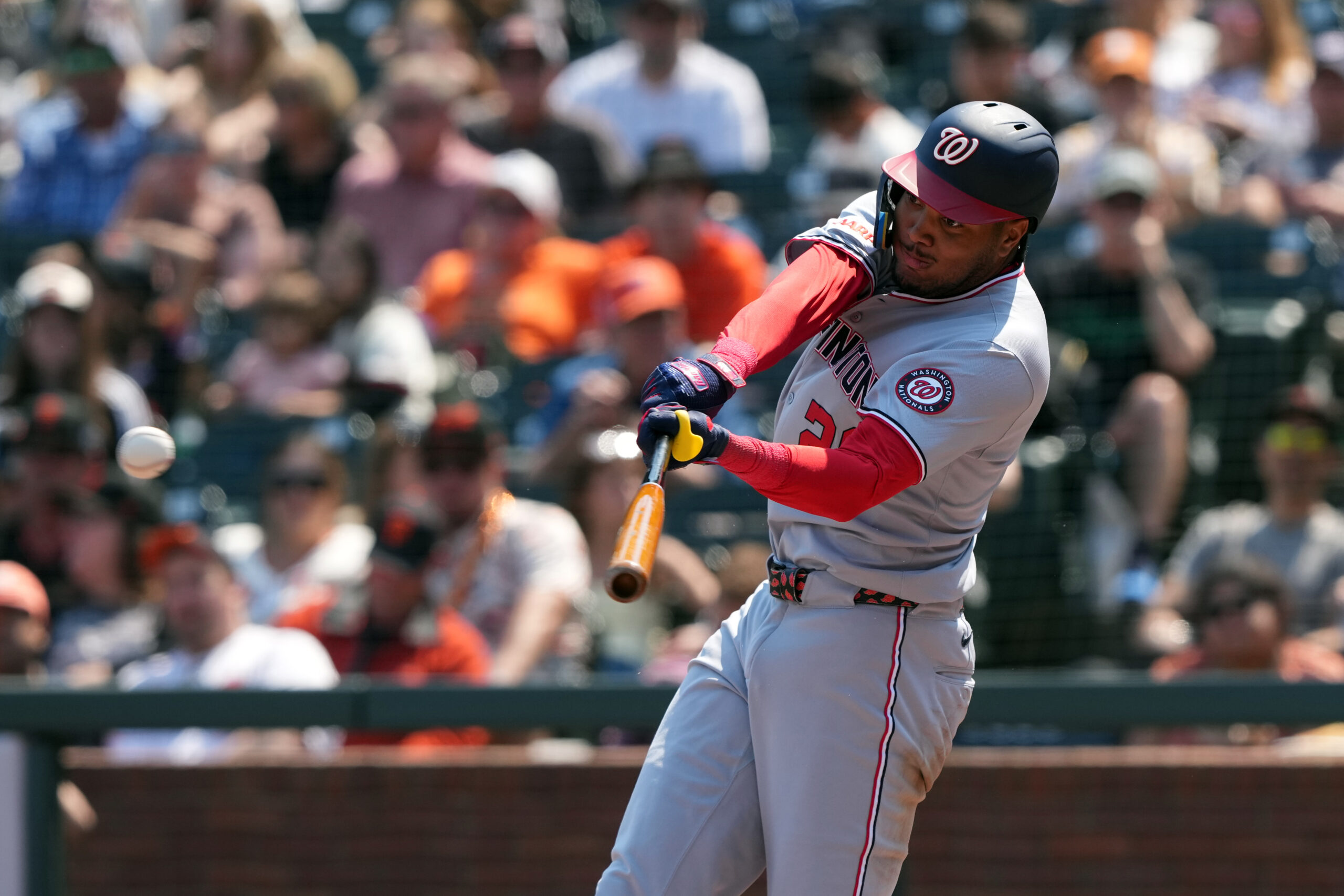 Aug 10, 2025; San Francisco, California, USA; Washington Nationals left fielder James Wood (29) hits an RBI double against the San Francisco Giants during the seventh inning at Oracle Park. Mandatory Credit: Darren Yamashita-Imagn Images