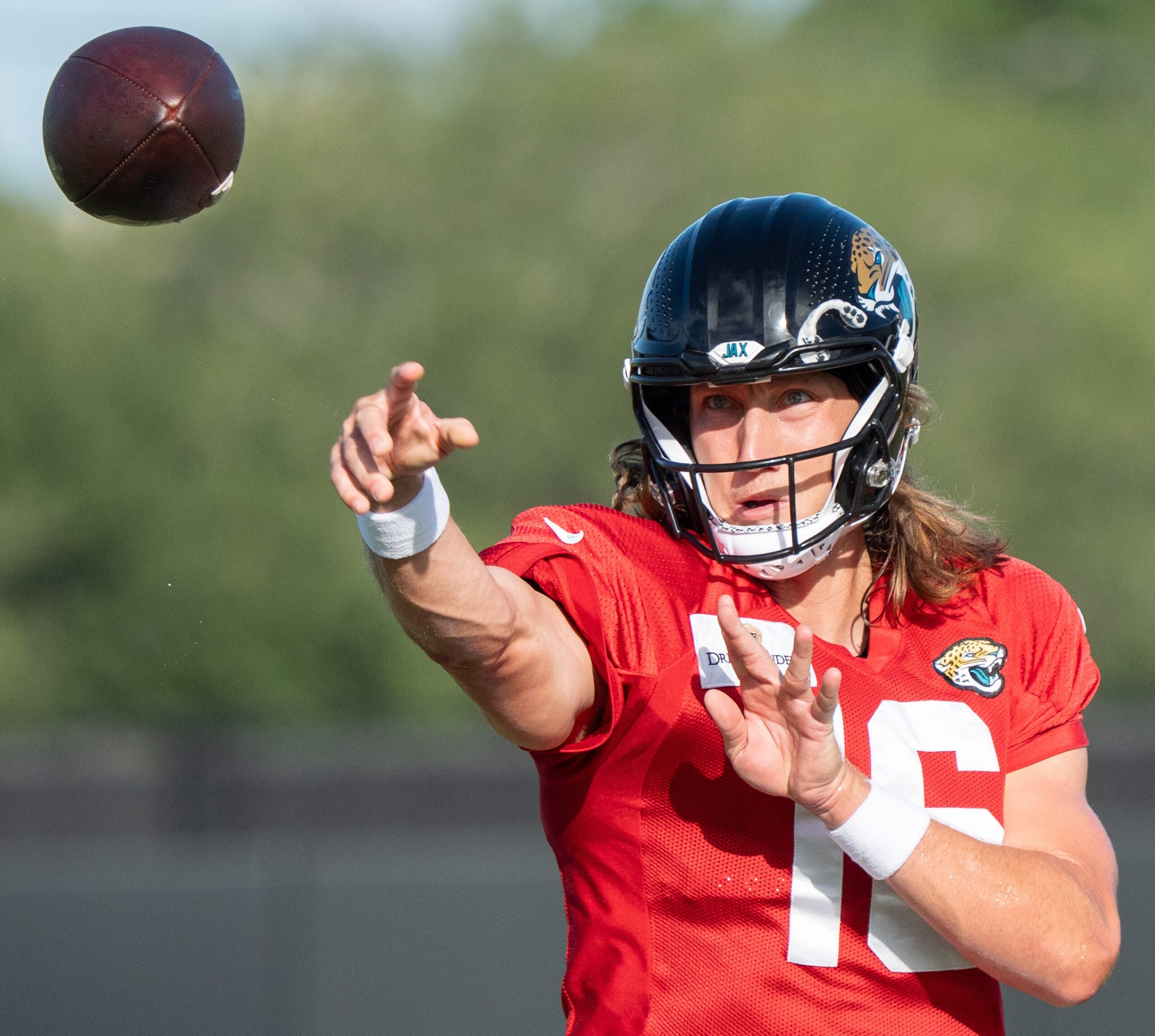 Jacksonville Jaguars quarterback Trevor Lawrence (16) throws a pass during the Jaguars 14th NFL training camp session at Miller Electric Center Tuesday August 12, 2025 in Jacksonville, Fla. The Jaguars travel to New Orleans to play the Saints this Sunday in their second preseason game. [Doug Engle/Florida Times-Union]
