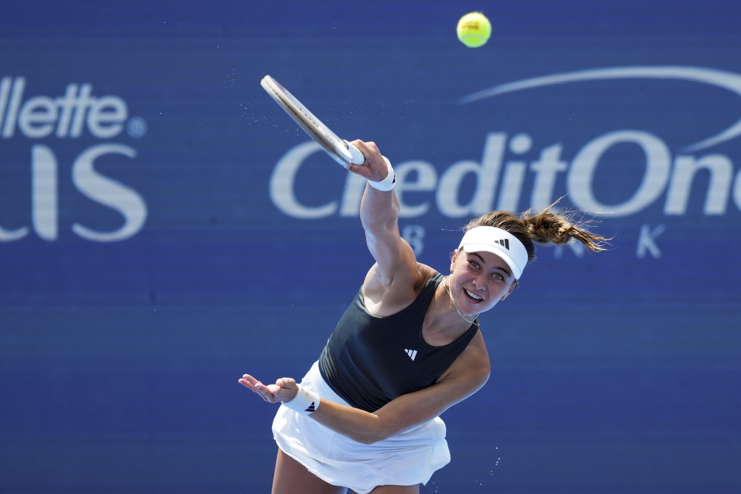 Aug 12, 2025; Cincinnati, OH, USA; Iva Jovic (USA) serves against Barbora Krejcikova (CZE) during the Cincinnati Open at the Lindner Family Tennis Center. Mandatory Credit: Aaron Doster-Imagn Images