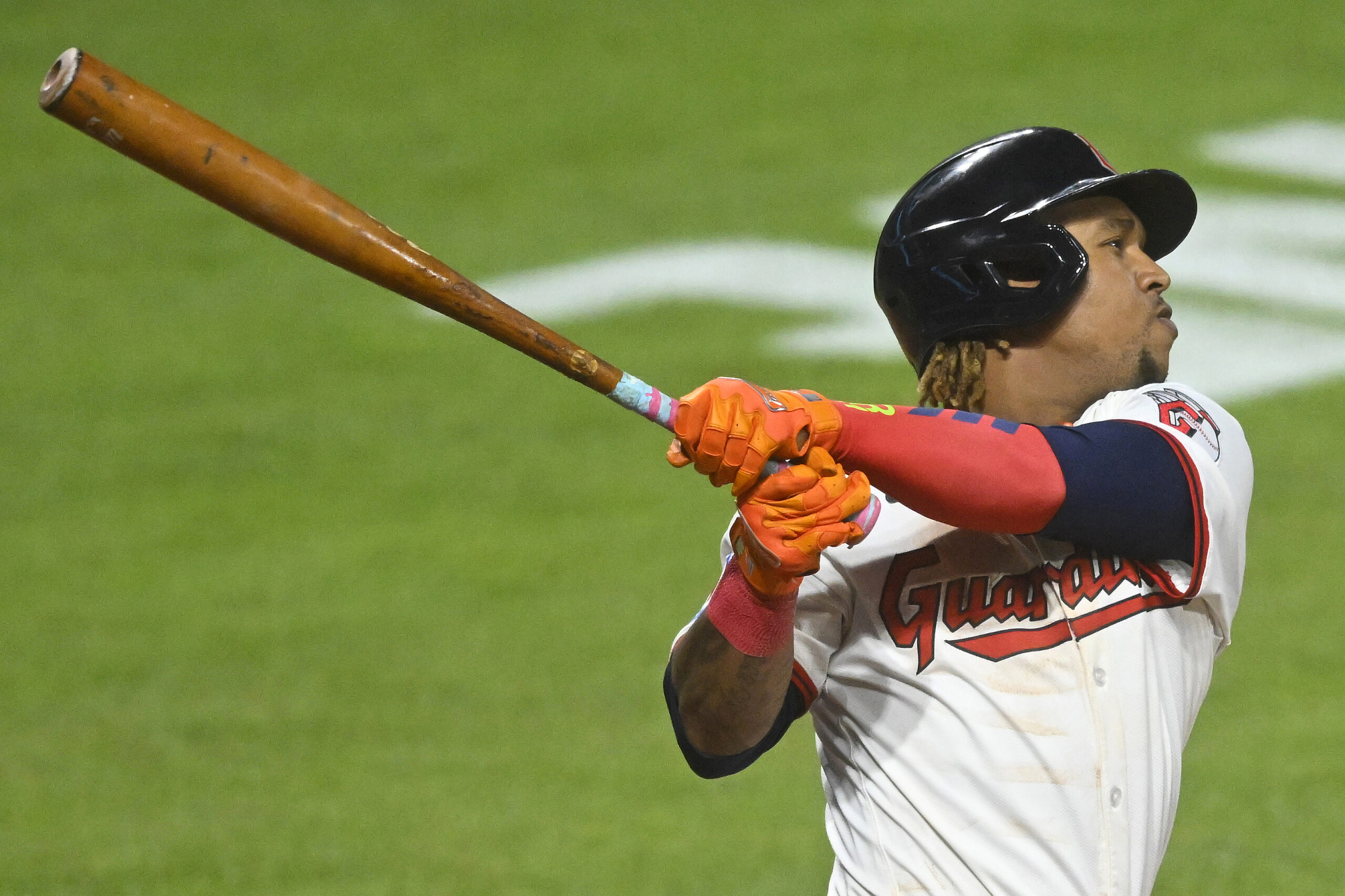 Aug 12, 2025; Cleveland, Ohio, USA; Cleveland Guardians third baseman Jose Ramirez (11) hits a solo home run in the eighth inning against the Miami Marlins at Progressive Field. Mandatory Credit: David Richard-Imagn Images