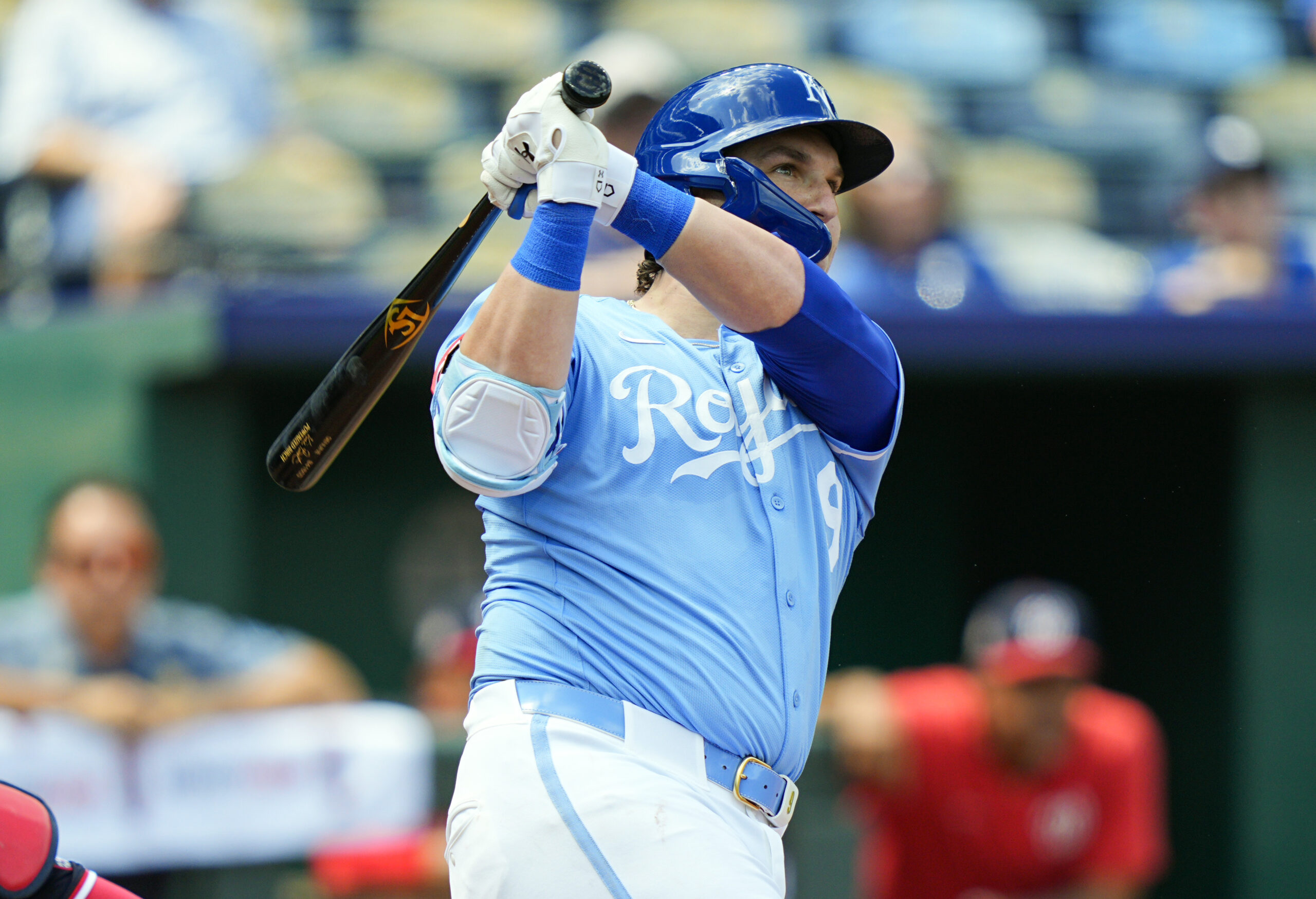 Aug 13, 2025; Kansas City, Missouri, USA; Kansas City Royals first baseman Vinnie Pasquantino (9) hits a home run during the fourth inning against the Washington Nationals at Kauffman Stadium. Mandatory Credit: Jay Biggerstaff-Imagn Images