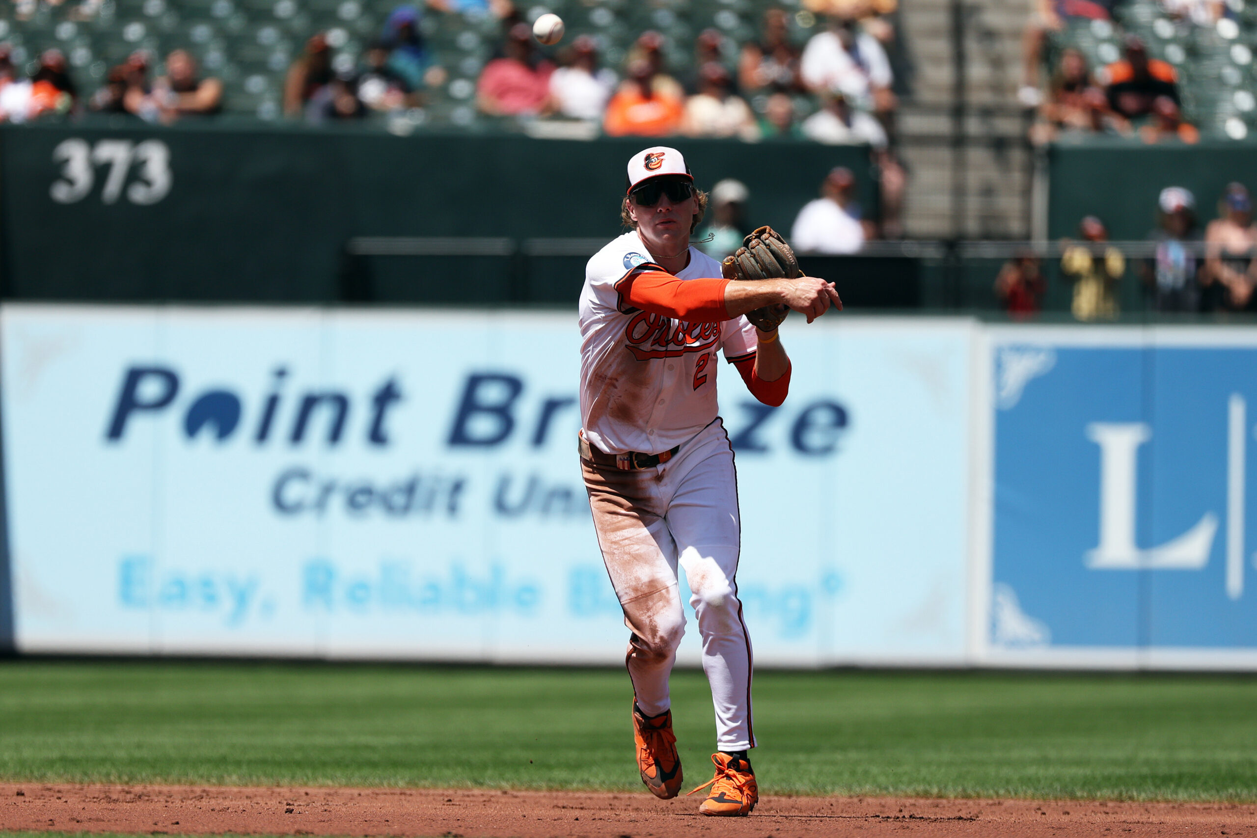 Aug 10, 2025; Baltimore, Maryland, USA; Baltimore Orioles shortstop Gunnar Henderson (2) throws to first for an out during the second inning against the Athletics at Oriole Park at Camden Yards. Mandatory Credit: Daniel Kucin Jr.-Imagn Images