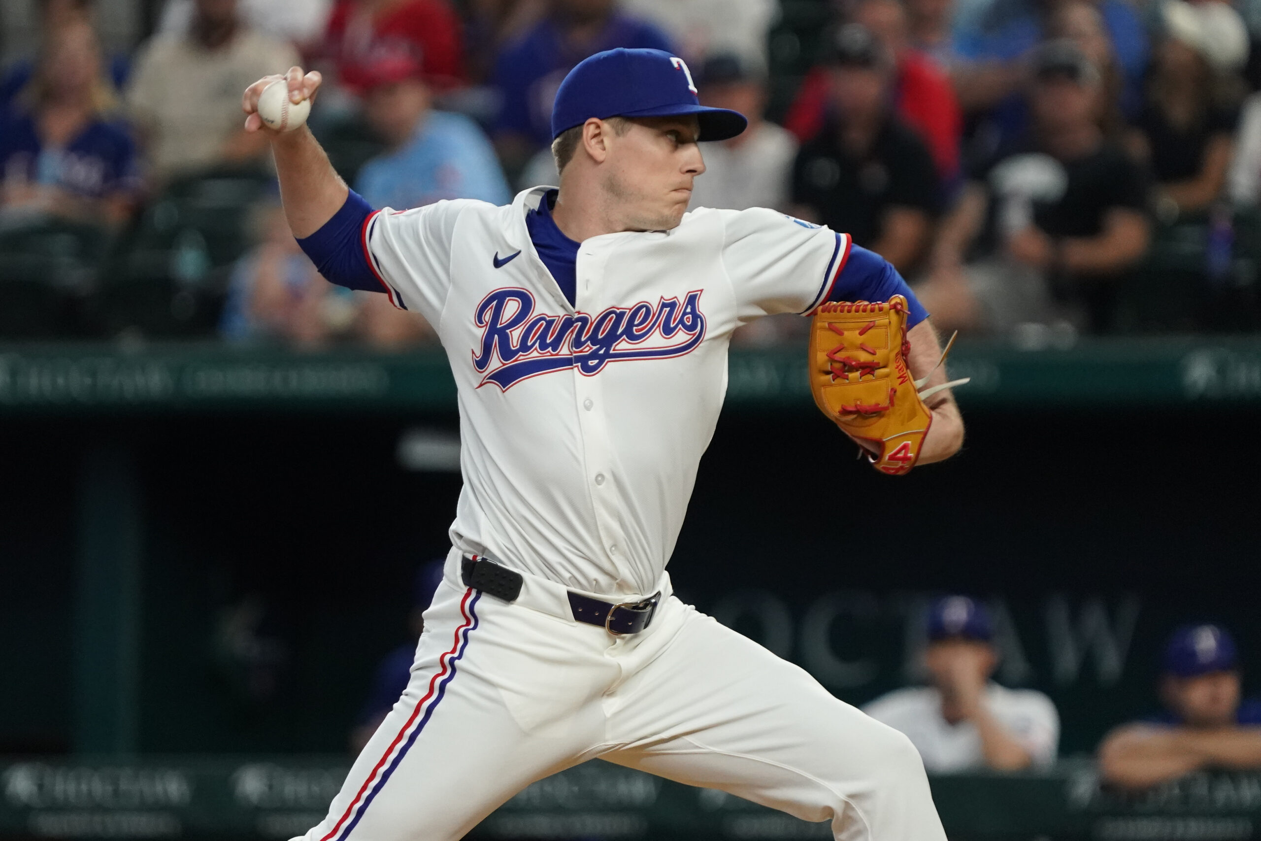 Aug 13, 2025; Arlington, Texas, USA; Texas Rangers relief pitcher Phil Maton (88) throws to the plate during the eighth inning against the Arizona Diamondbacks at Globe Life Field. Mandatory Credit: Raymond Carlin III-Imagn Images