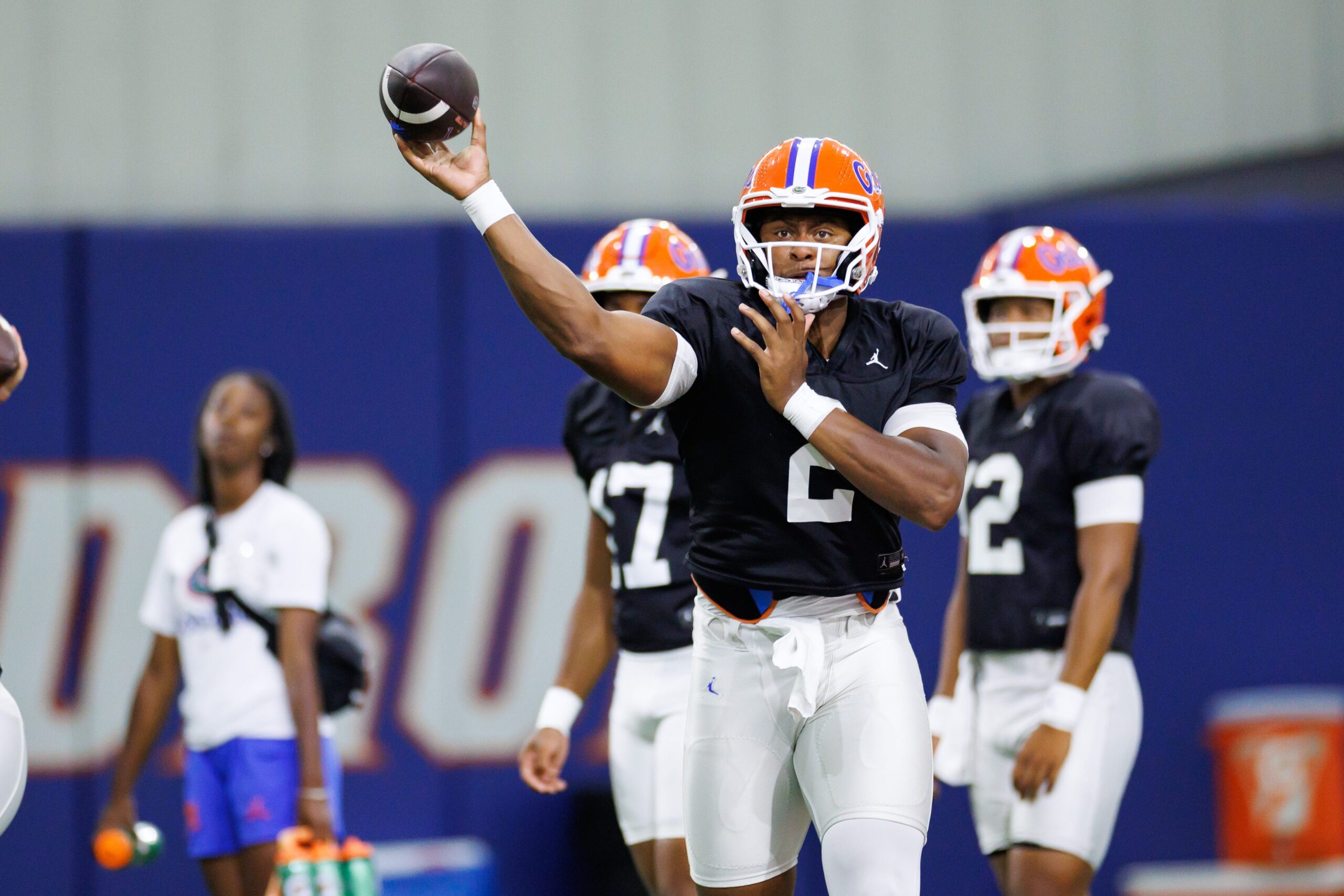 Florida Gators quarterback DJ Lagway (2) throws the ball during fall football practice at Sanders Indoor Practice Facility at the University of Florida in Gainesville, FL on Thursday, August 14, 2025. [Matt Pendleton/Gainesville Sun]