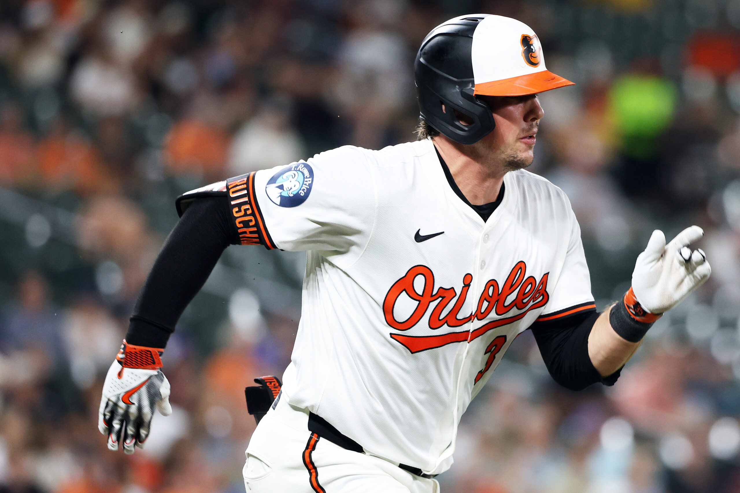 Aug 13, 2025; Baltimore, Maryland, USA; Baltimore Orioles catcher Adley Rutschman (35) runs to first during the second inning against the Seattle Mariners at Oriole Park at Camden Yards. Mandatory Credit: Daniel Kucin Jr.-Imagn Images
