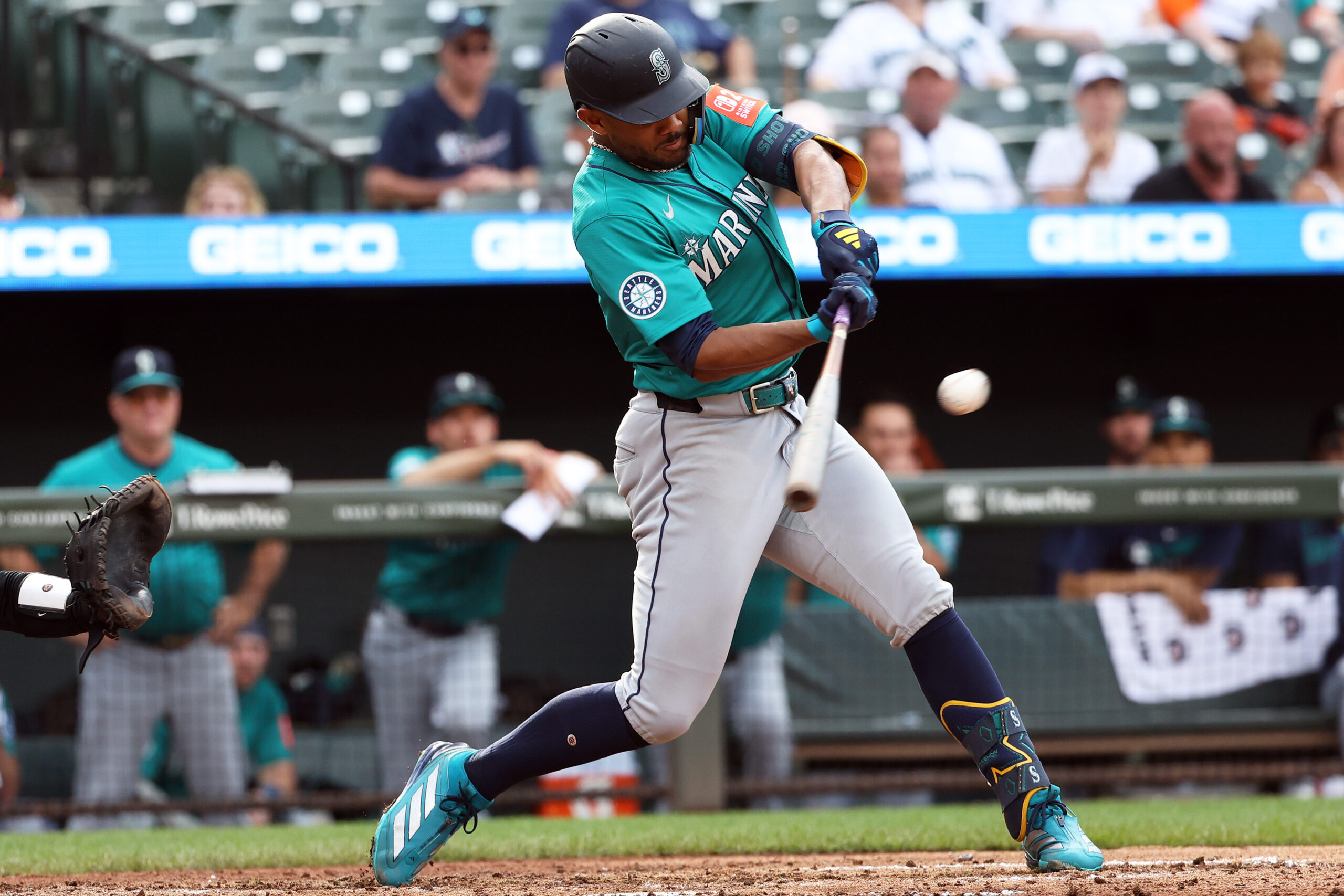 Aug 14, 2025; Baltimore, Maryland, USA; Seattle Mariners outfielder Julio Rodriguez (44) at bat during the eighth inning against the Baltimore Orioles at Oriole Park at Camden Yards. Mandatory Credit: Daniel Kucin Jr.-Imagn Images