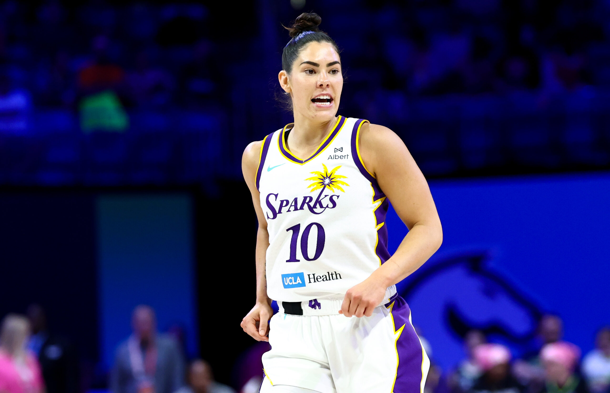 Aug 15, 2025; Arlington, Texas, USA;  Los Angeles Sparks guard Kelsey Plum (10) reacts after scoring against the Dallas Wings during the first half at College Park Center. Mandatory Credit: Kevin Jairaj-Imagn Images