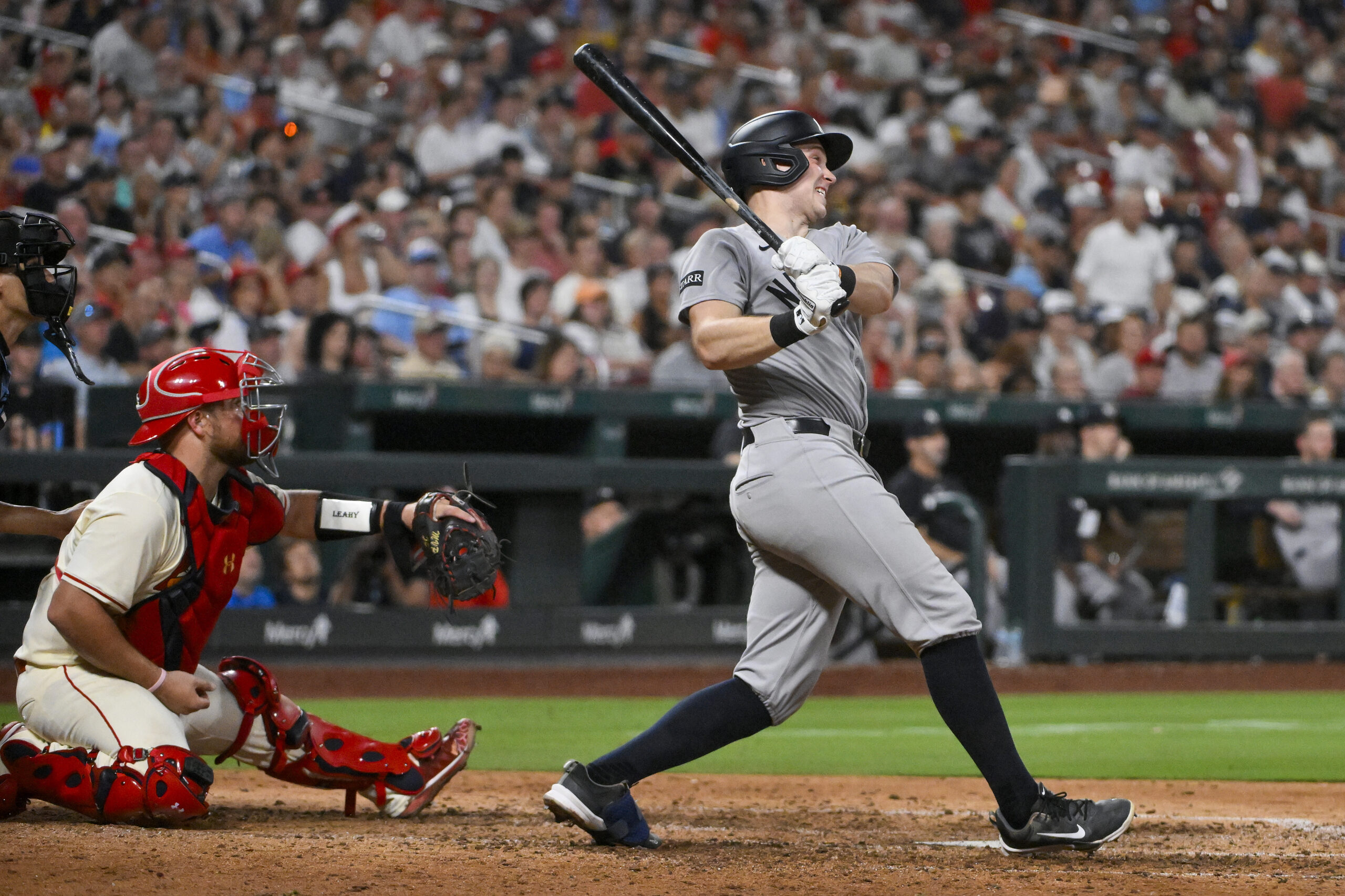 Aug 16, 2025; St. Louis, Missouri, USA; New York Yankees first baseman Ben Rice (22) hits a three run double against the St. Louis Cardinals during the sixth inning at Busch Stadium. Mandatory Credit: Jeff Curry-Imagn Images