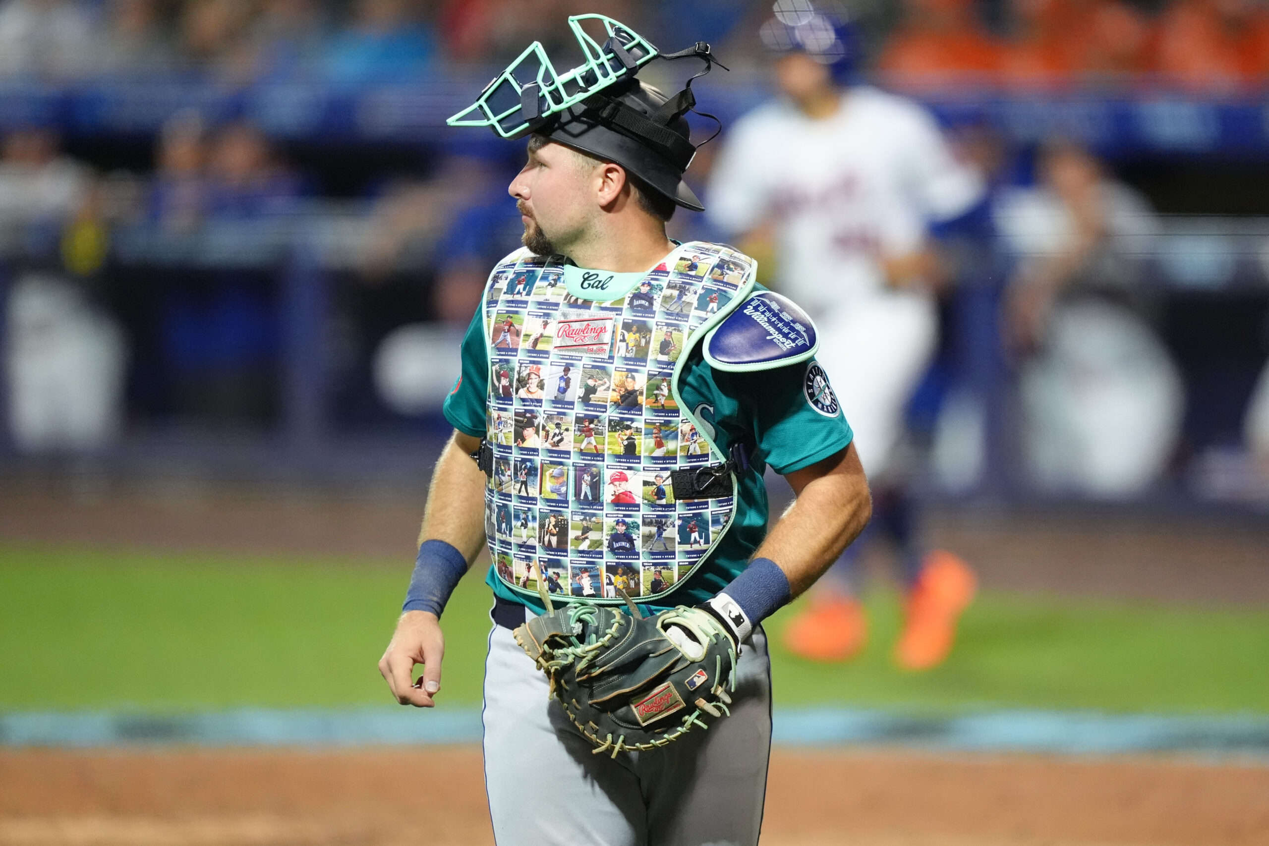 Aug 17, 2025; Williamsport, Pennsylvania, USA; Seattle Mariners catcher Cal Raleigh (29) looks on against the New York Mets in the seventh inning at Journey Bank Ballpark at Historic Bowman Field. Mandatory Credit: Kyle Ross-Imagn Images