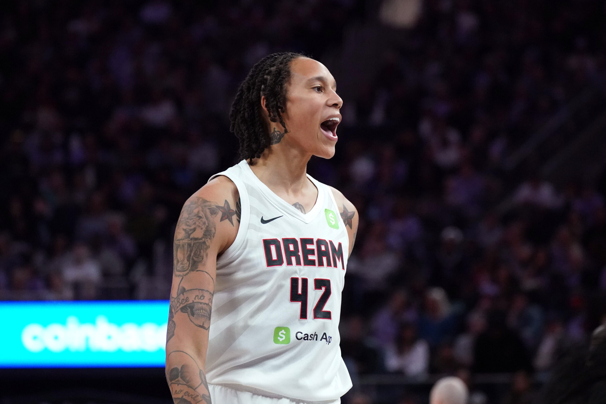 Aug 17, 2025; San Francisco, California, USA;  Atlanta Dream center Brittney Griner (42) shows emotion after scoring against the Golden State Valkyries in the third quarter at Chase Center. Mandatory Credit: David Gonzales-Imagn Images