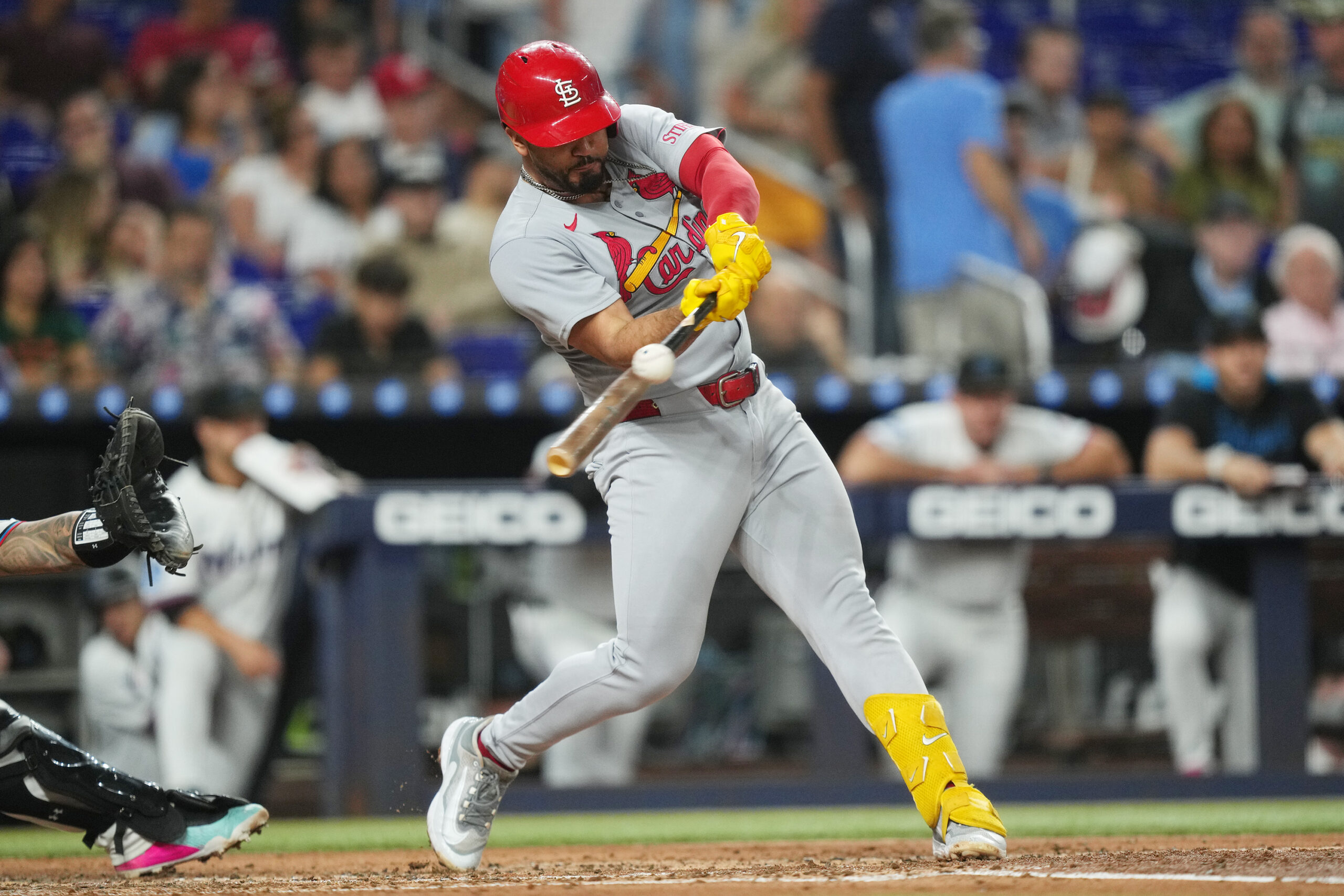 Aug 19, 2025; Miami, Florida, USA; St. Louis Cardinals designated hitter Iván Herrera (48) singles in two runs against the Miami Marlins in the second inning at loanDepot Park. Mandatory Credit: Jim Rassol-Imagn Images