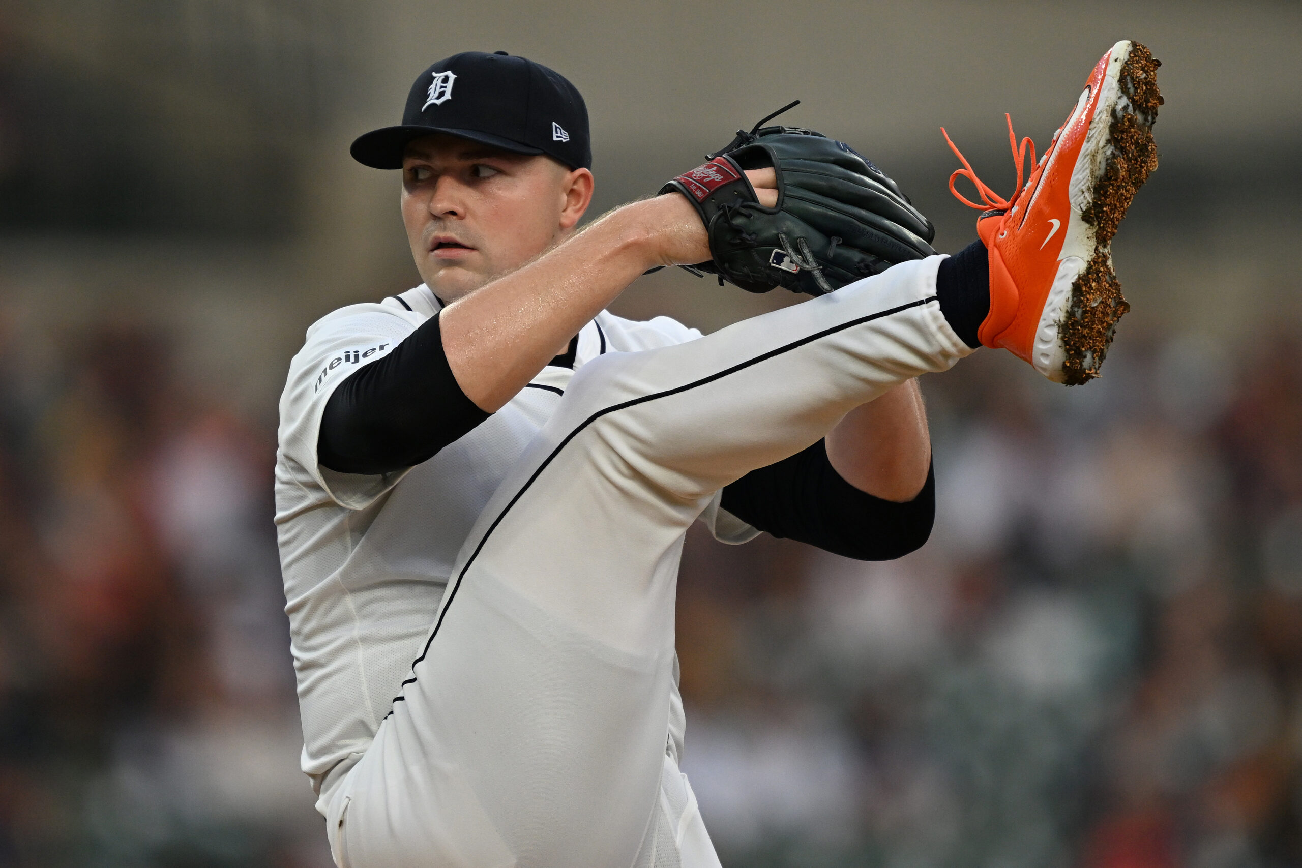 Aug 19, 2025; Detroit, Michigan, USA;  Detroit Tigers starting pitcher Tarik Skubal (29) throws a pitch against the Houston Astros in the second inning at Comerica Park. Mandatory Credit: Lon Horwedel-Imagn Images