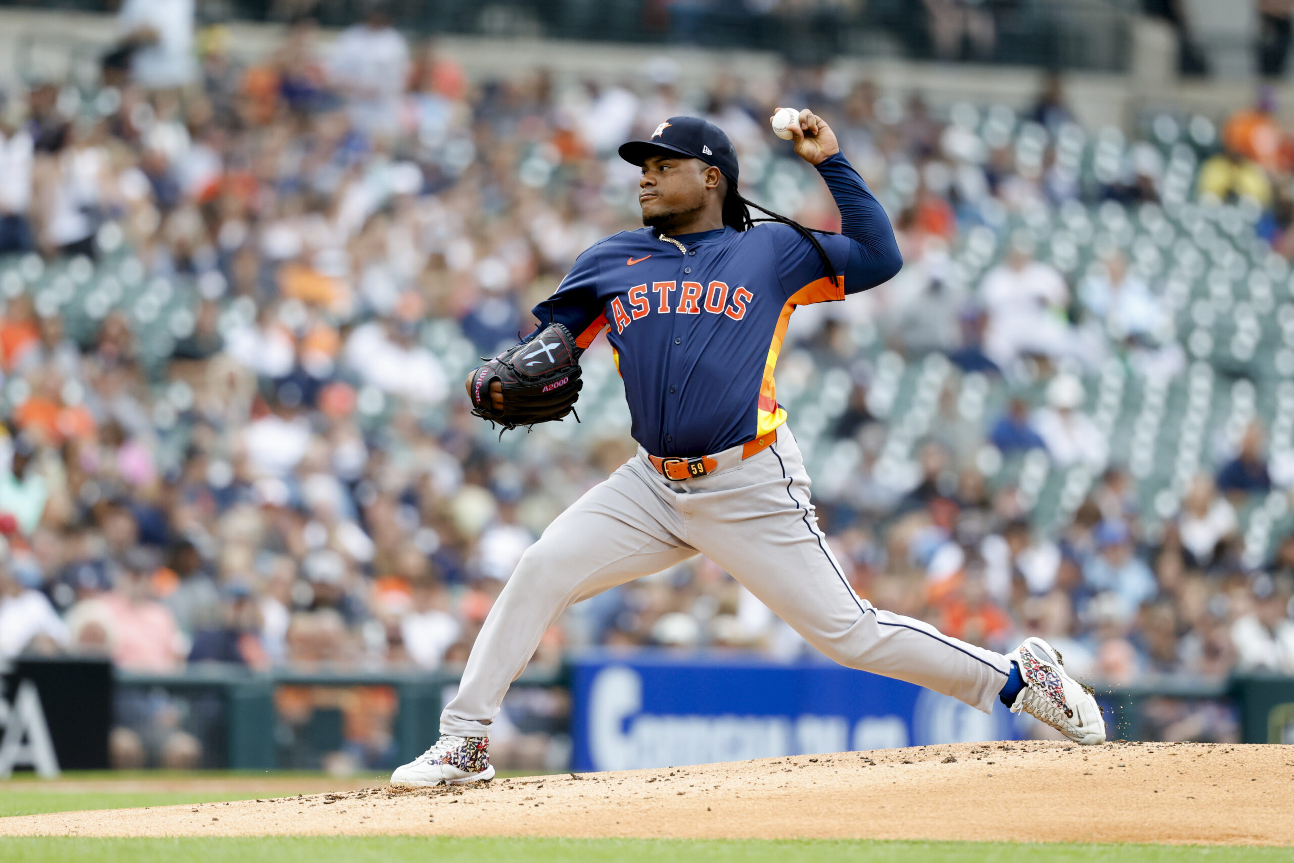 Aug 20, 2025; Detroit, Michigan, USA;  Houston Astros pitcher Framber Valdez (59) pitches in the first inning against the Detroit Tigers at Comerica Park. Mandatory Credit: Rick Osentoski-Imagn Images