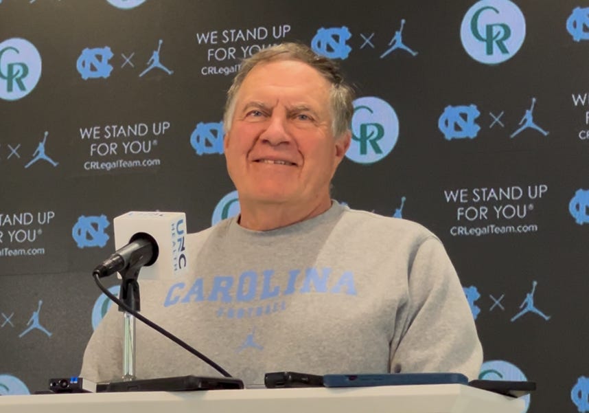 UNC football coach Bill Belichick during a press conference on Wednesday, Aug. 20, 2025 inside the Kenan Football Center.