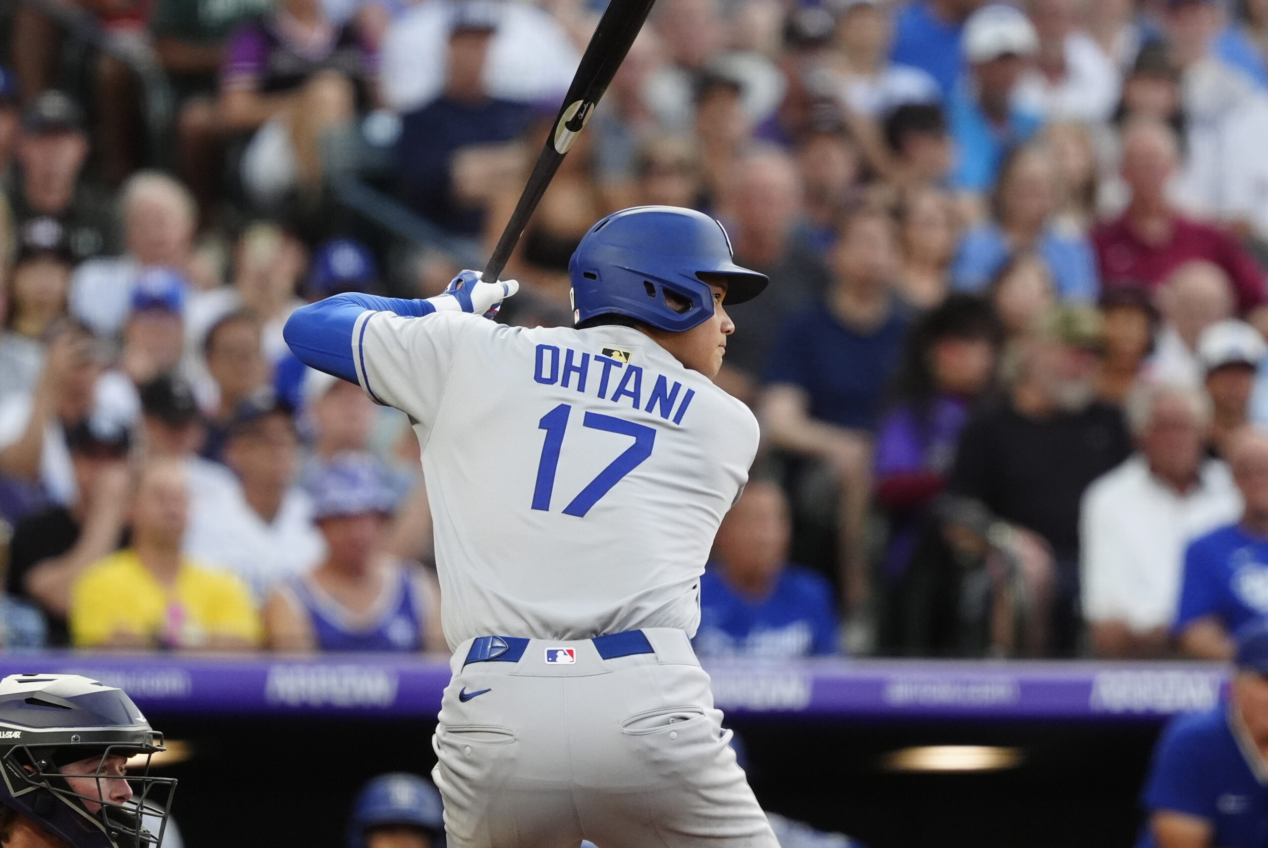 Aug 20, 2025; Denver, Colorado, USA; Los Angeles Dodgers two-way player Shohei Ohtani (17) at the plate the third inning against the Colorado Rockies at Coors Field. Mandatory Credit: Ron Chenoy-Imagn Images