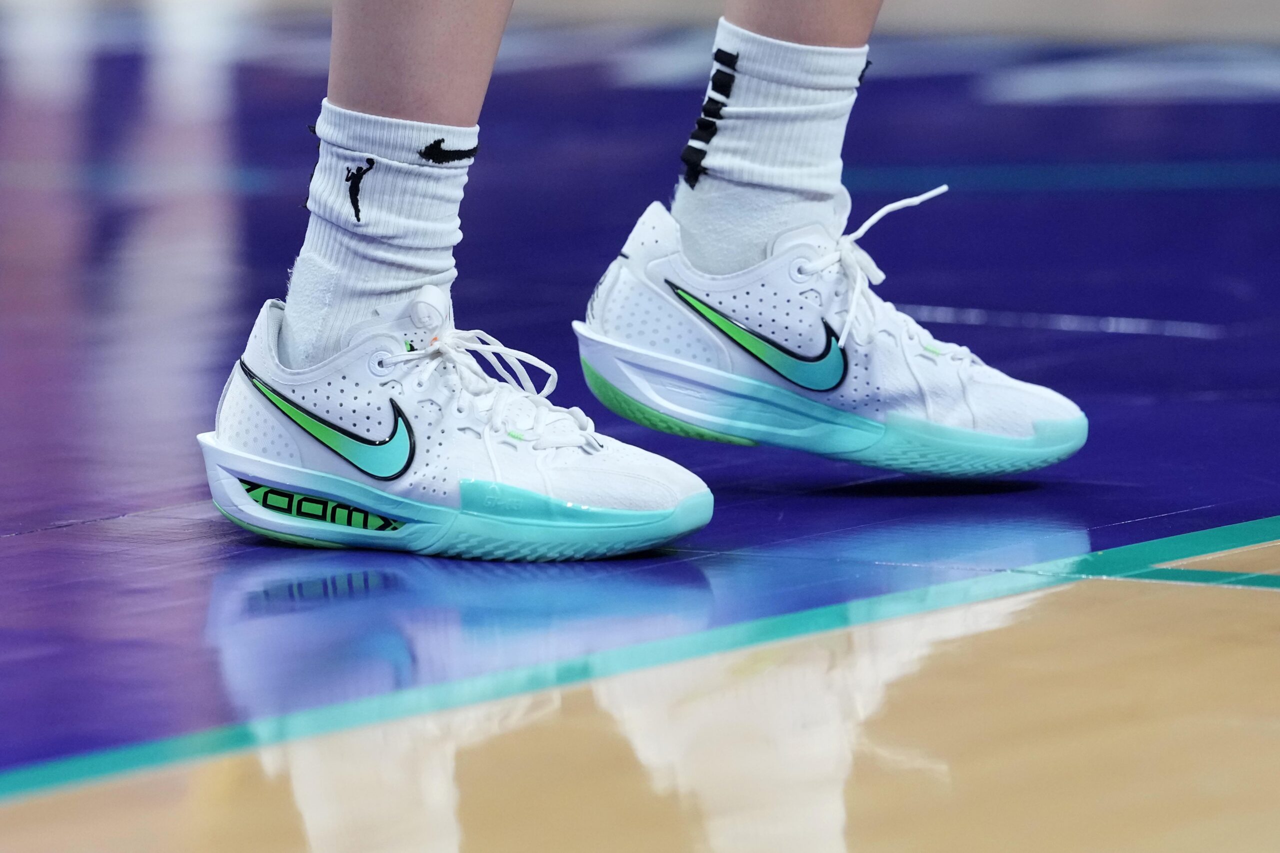 Aug 20, 2025; Los Angeles, California, USA; A detailed view of the Nike G.T. 3 Cut 3 shoes worn by Dallas Wings guard Paige Bueckers (5) against the LA Sparks in the first half at Crypto.com Arena. Mandatory Credit: Kirby Lee-Imagn Images